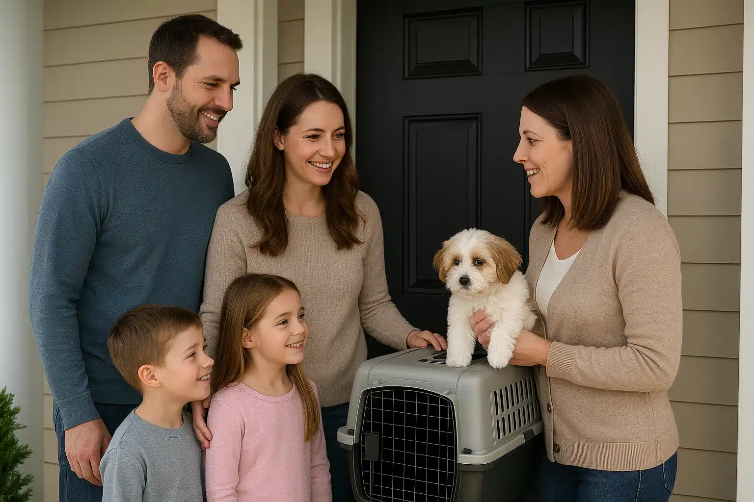 Family meets breeder with puppy and travel crate