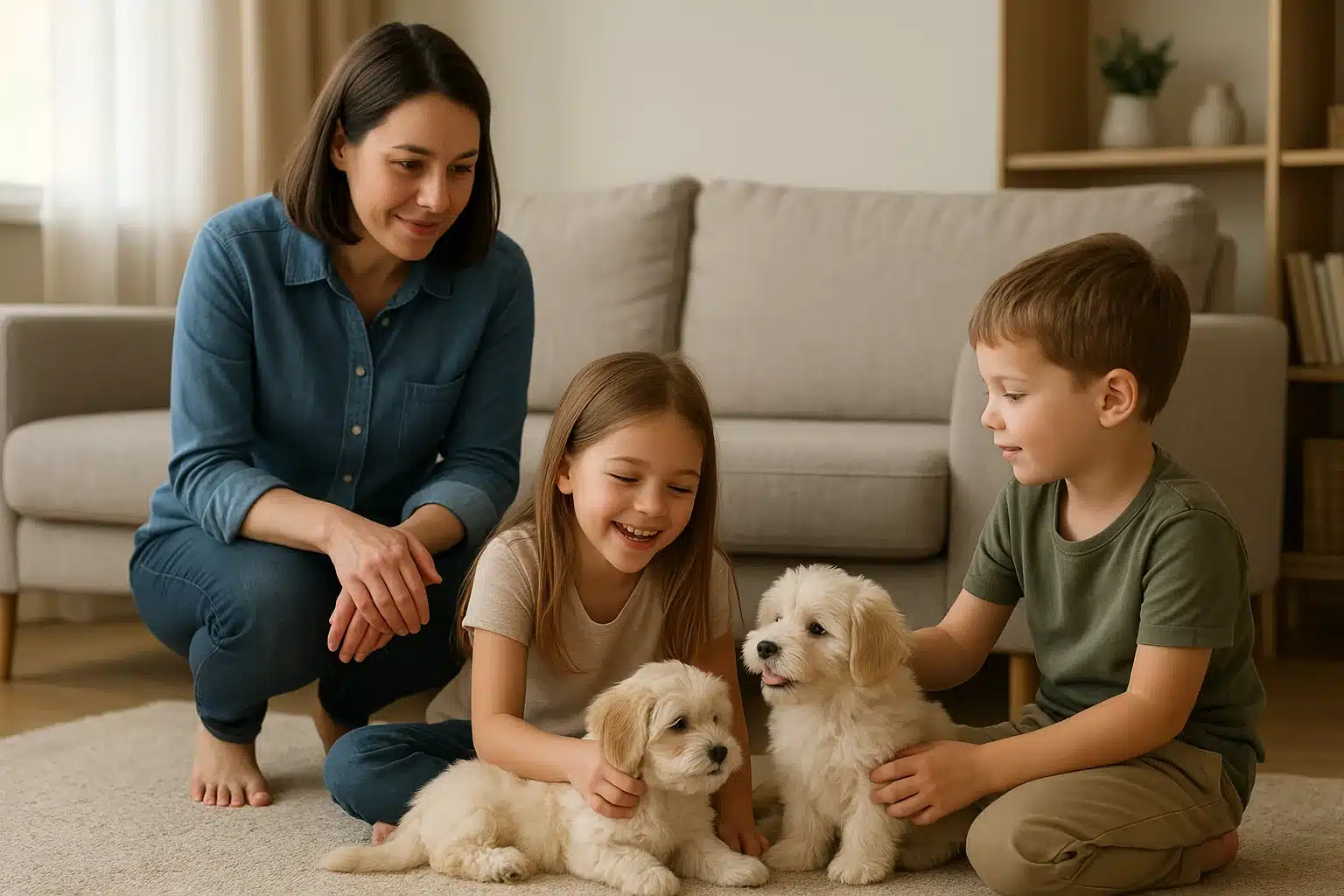 Breeder assesses playful Havanese puppies with children in a warm home setting