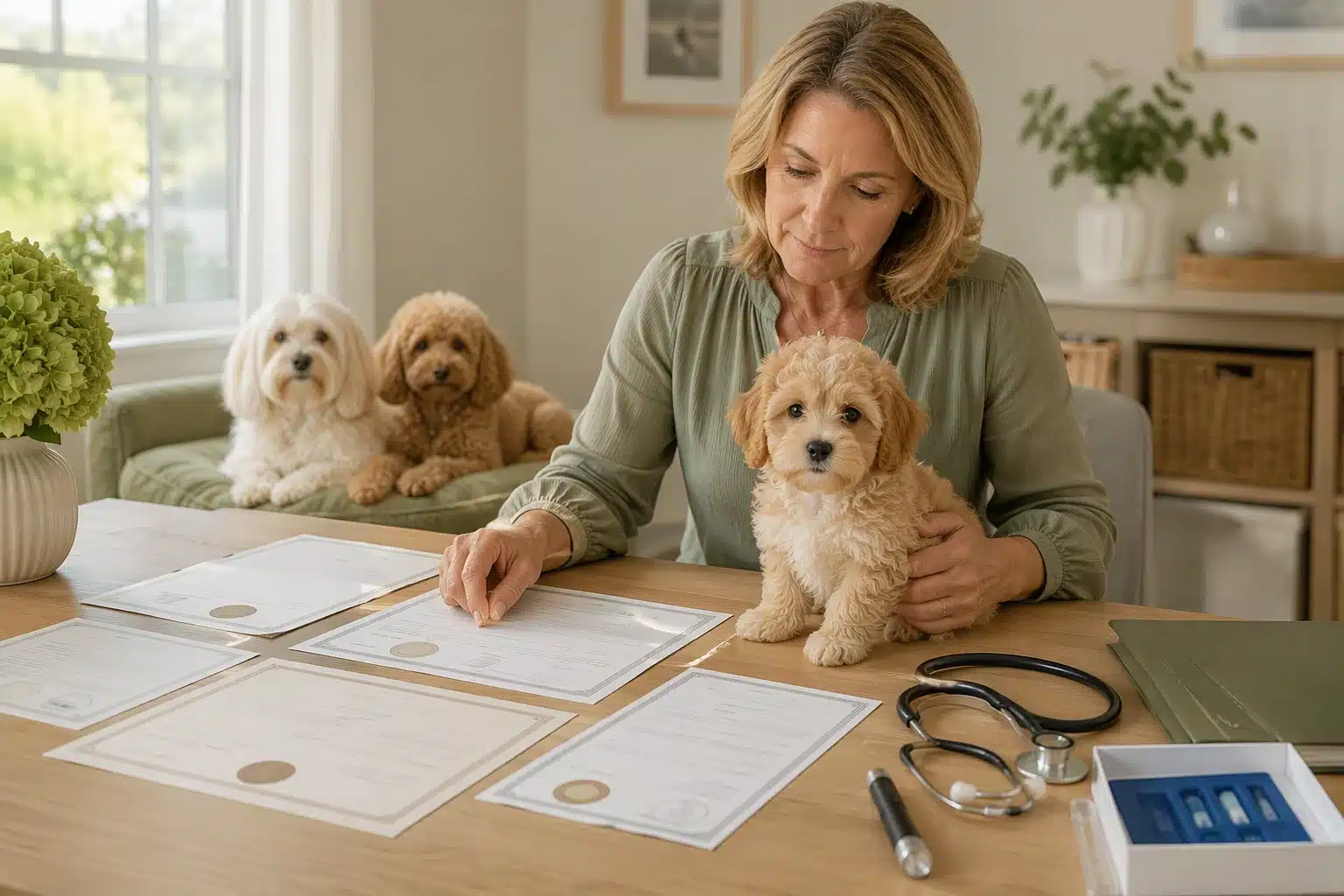 Breeder reviews parent health records beside Havapoo puppy