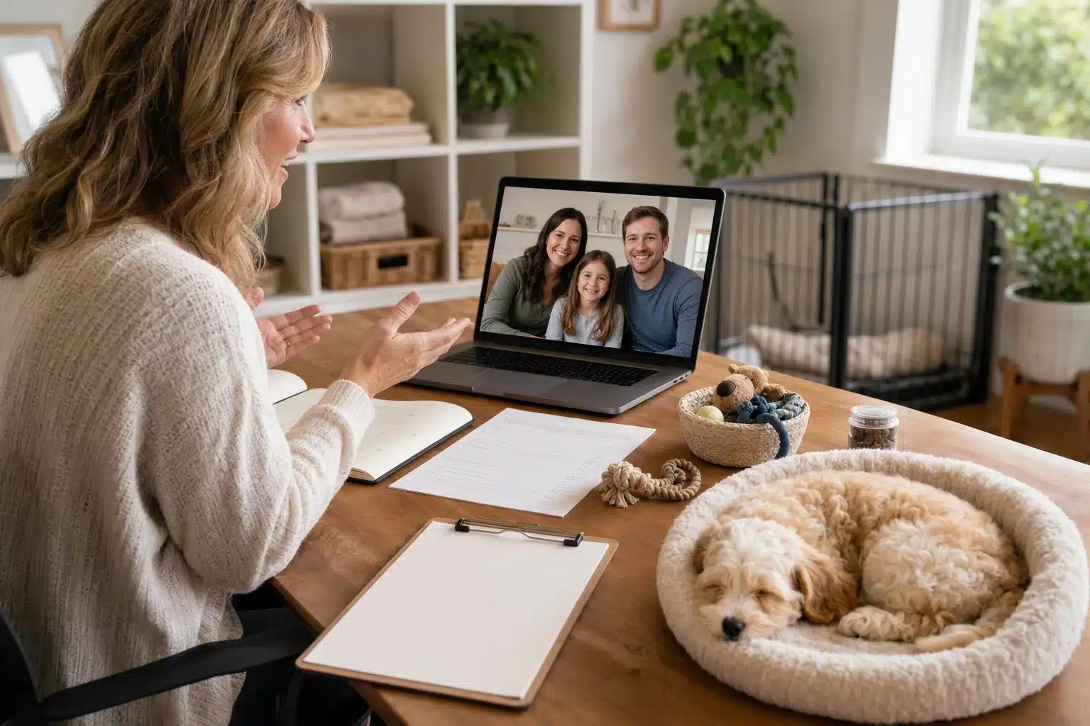 Video call between breeder and family with sleeping Havapoo puppy