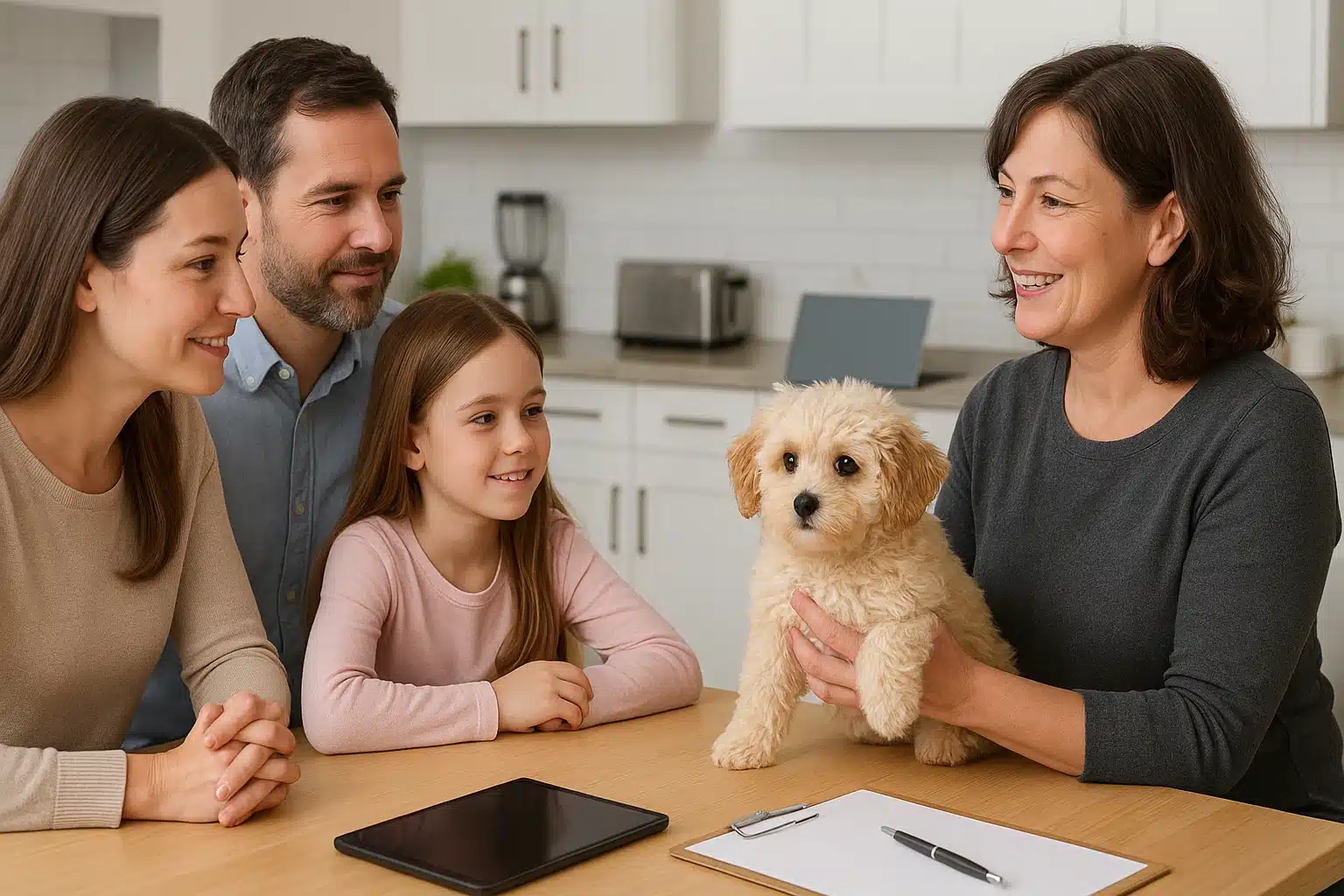 Family discusses Havapoo puppy temperament with breeder