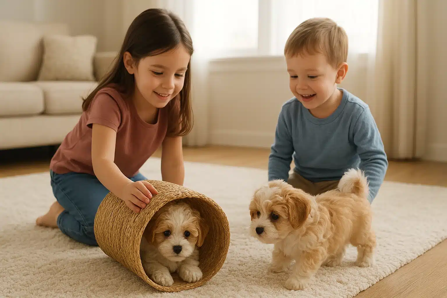 Havapoo puppies exploring with children in a family room
