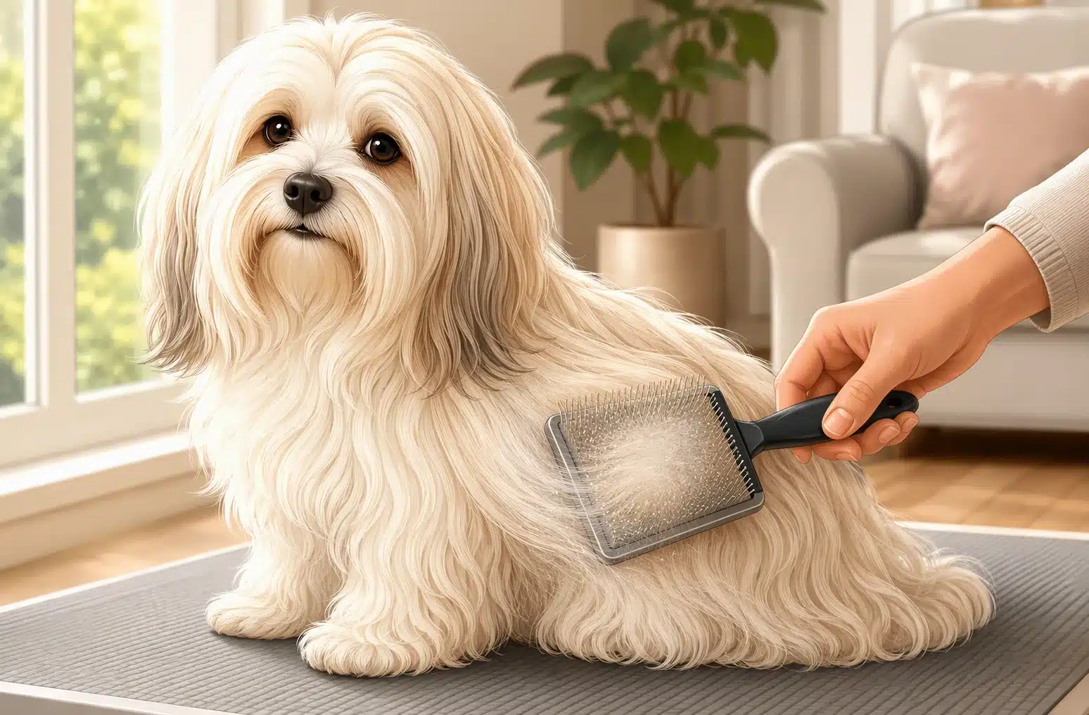 Gentle brushing captures loose Havanese hair indoors