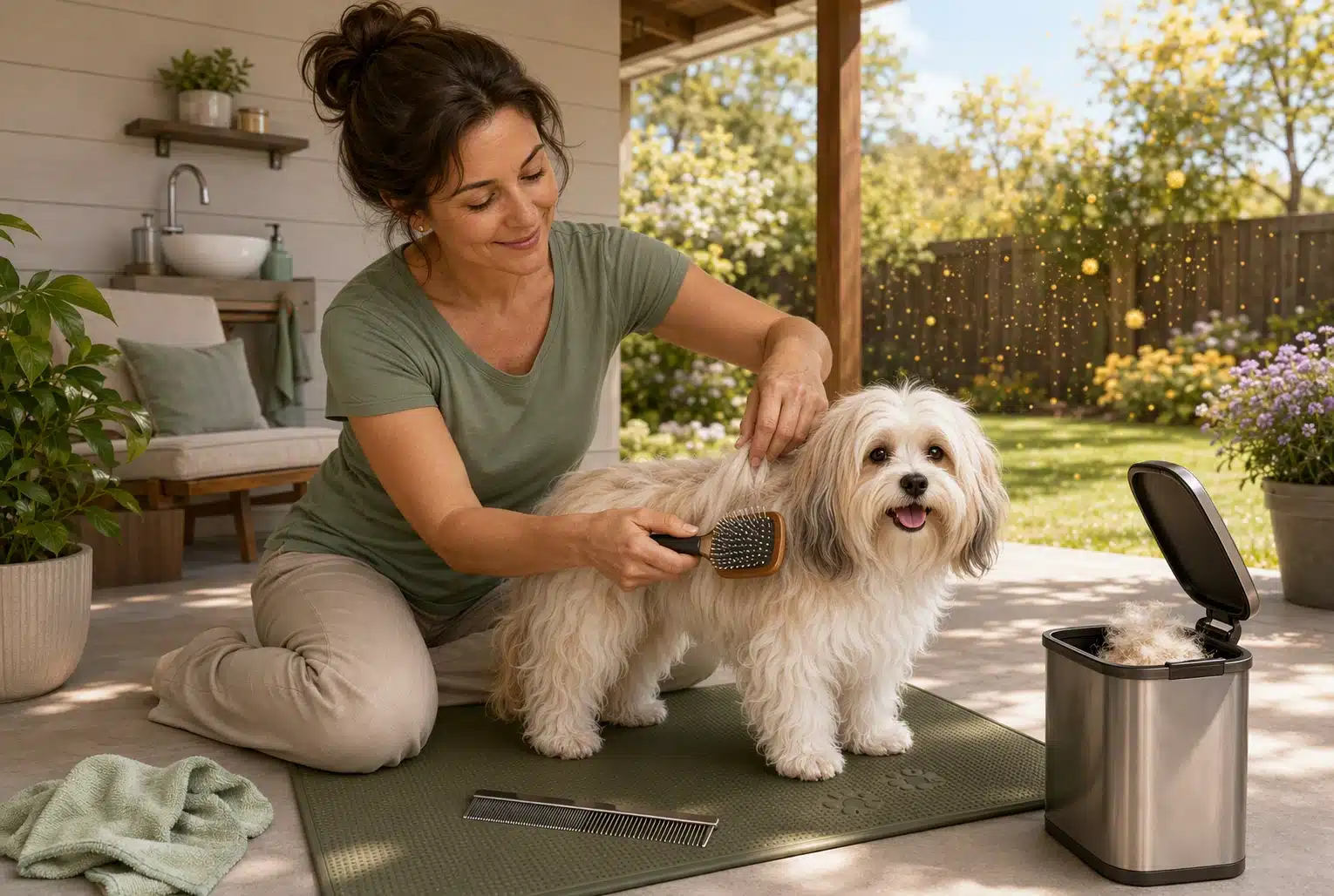 Parent grooming Havanese outdoors with pin brush and comb