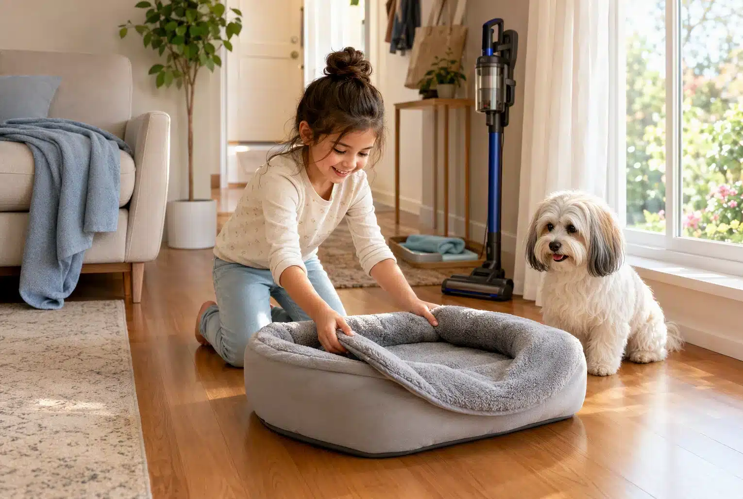 Child sets washable Havanese bed near sunlit window