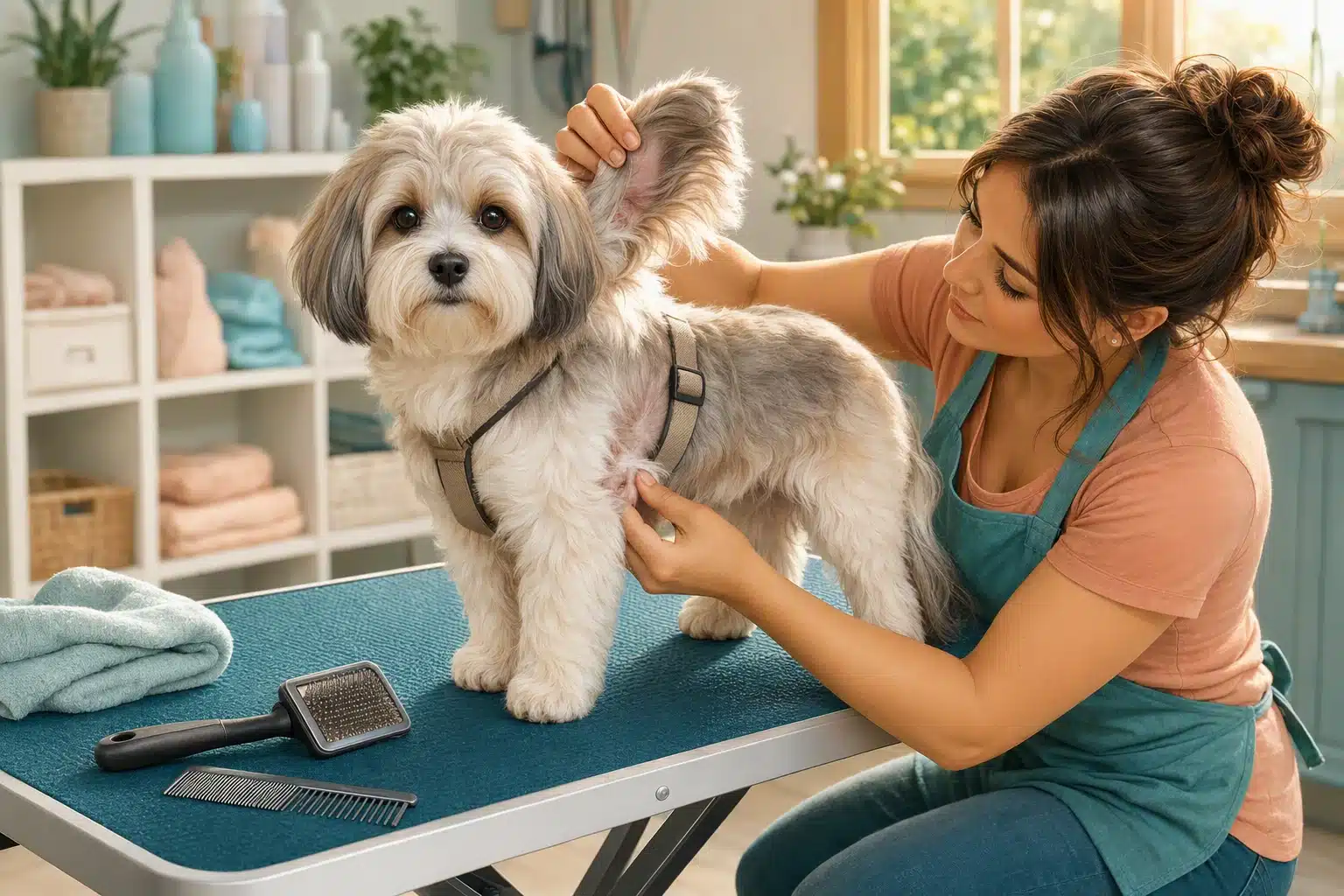 Groomer inspecting puppy’s soft fur near ears and harness