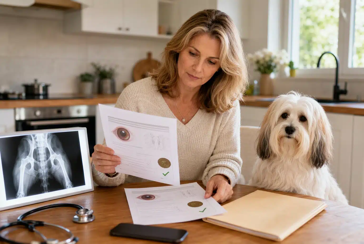 Breeder reviewing Havanese parent health documents at home