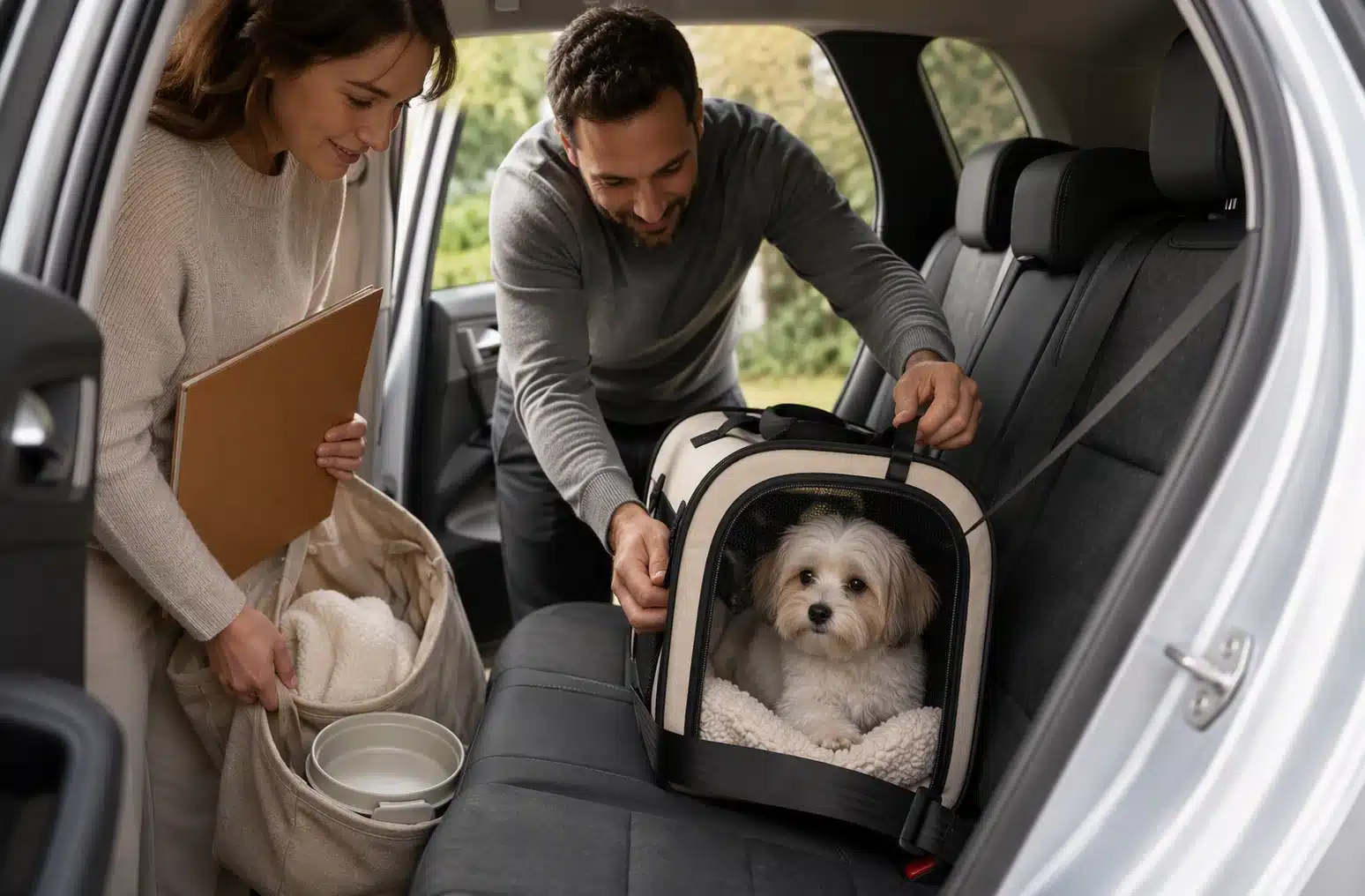 Family securing puppy carrier in car for safe delivery