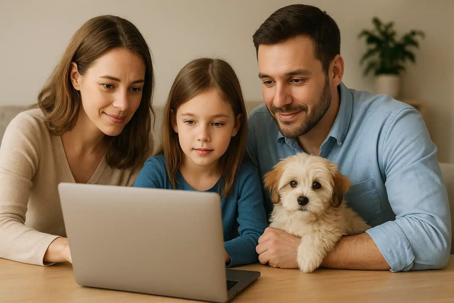 Family reviewing breeder listings with a Havanese puppy