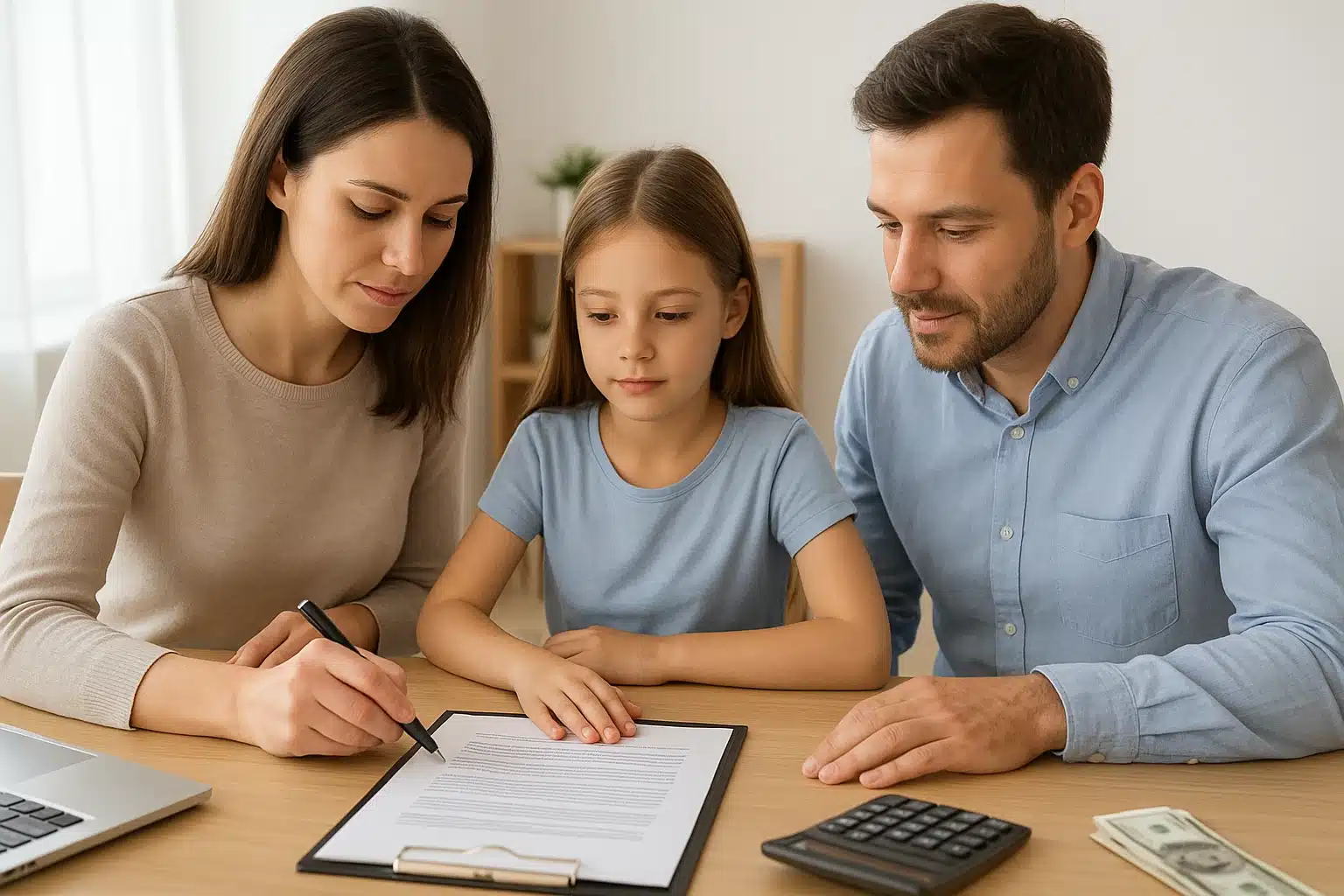 Family reviewing puppy contract at a bright dining table
