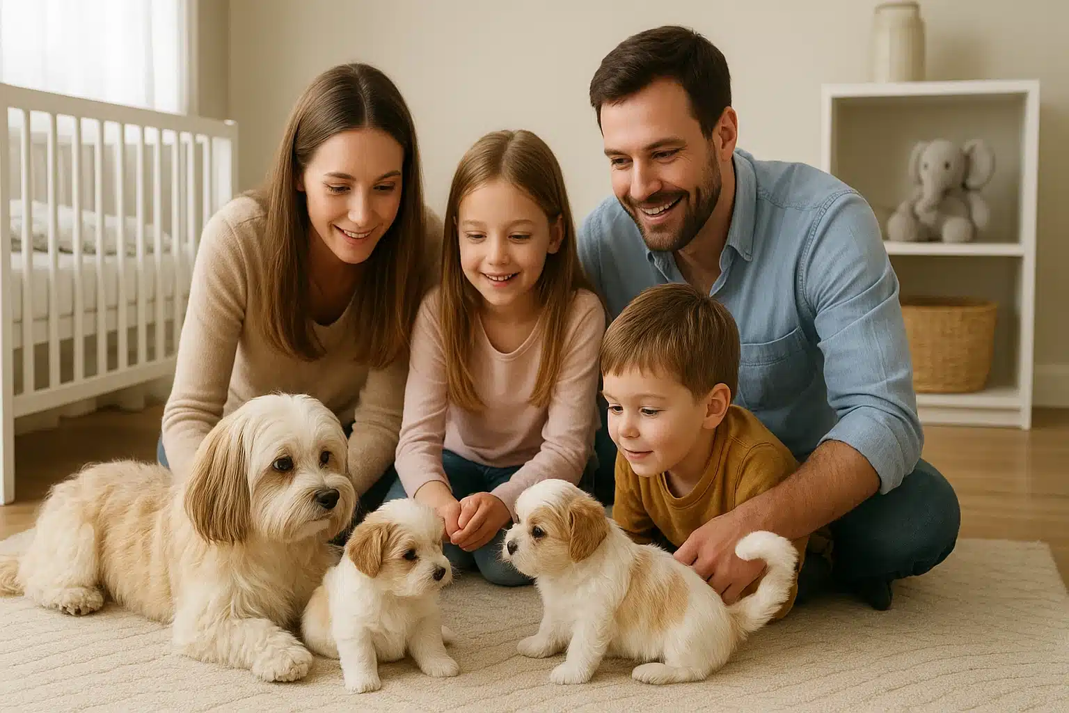 Bright home nursery with Havanese puppies playing near mother