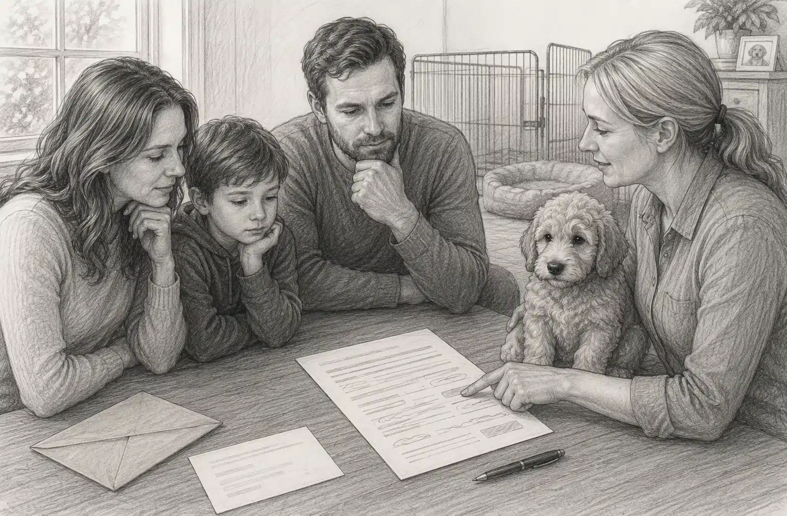 Family reviewing puppy deposit agreement beside breeder