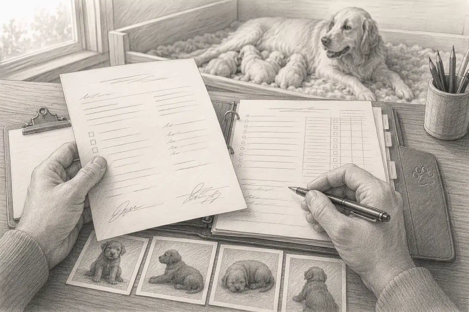 Hands reviewing puppy records and reservation receipts