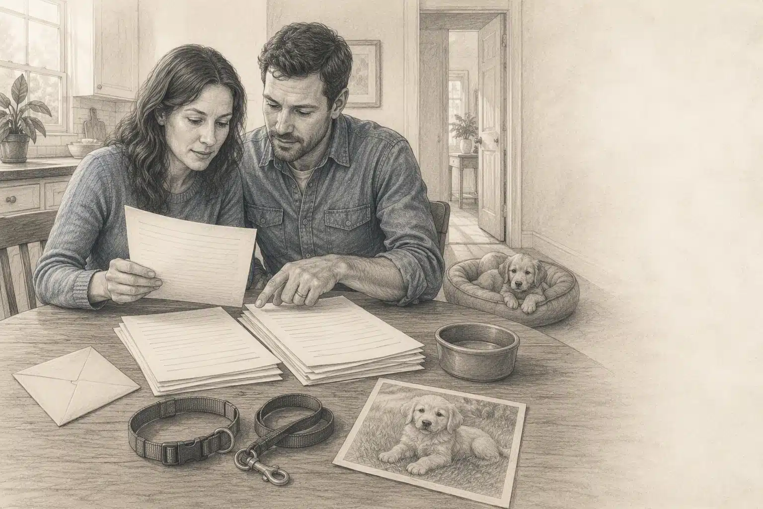 Couple reviewing breeder’s printed terms at kitchen table