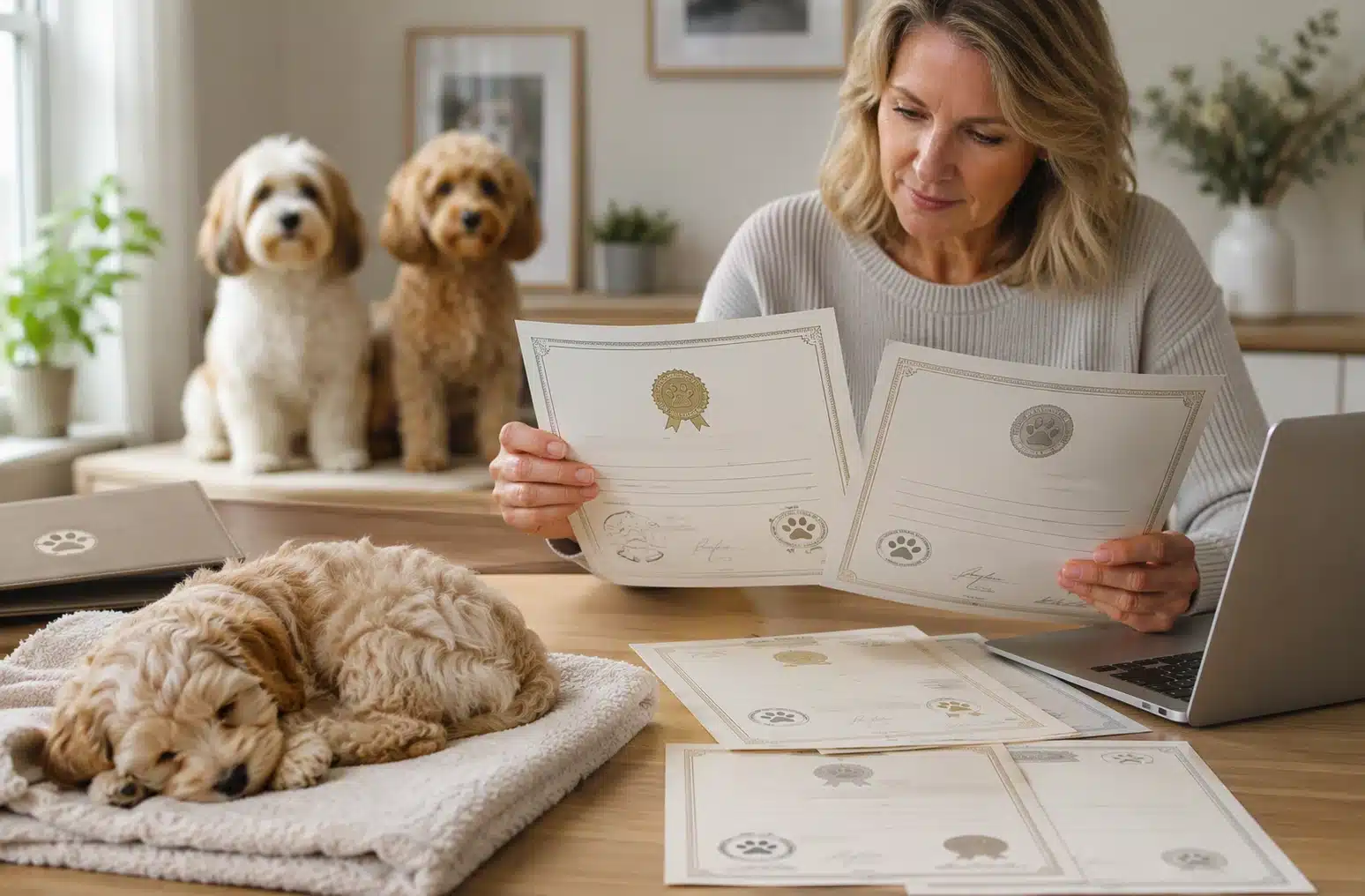 Breeder reviewing health records beside sleeping Havapoo puppy