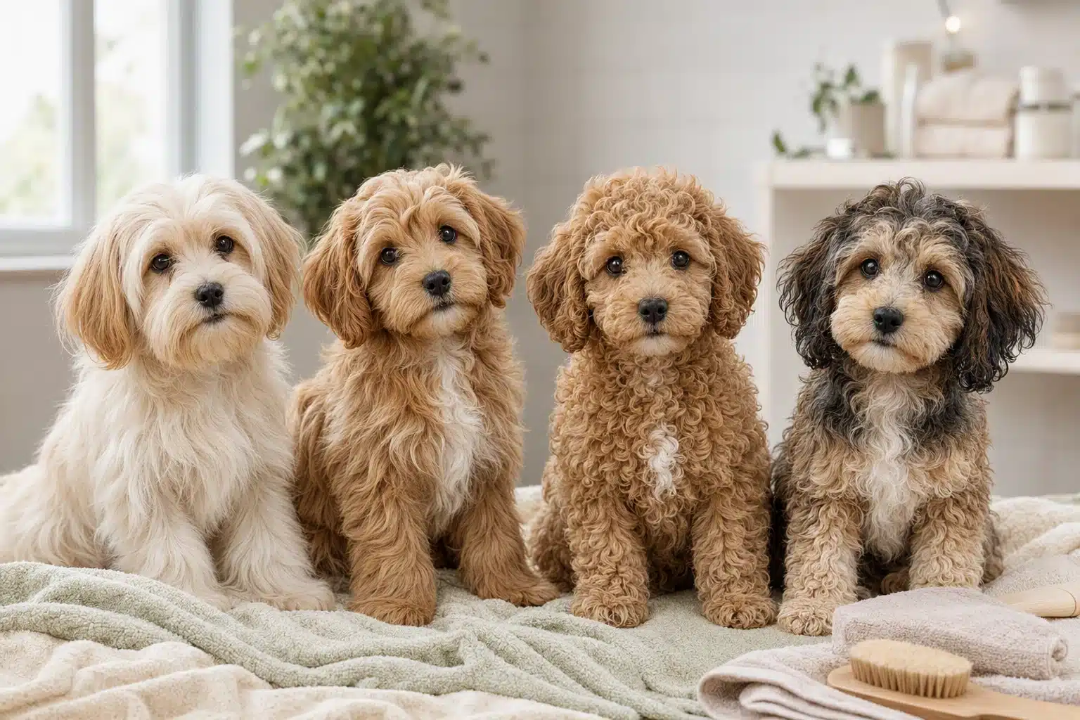 Four Havapoo puppies display distinct coat textures on cozy blankets