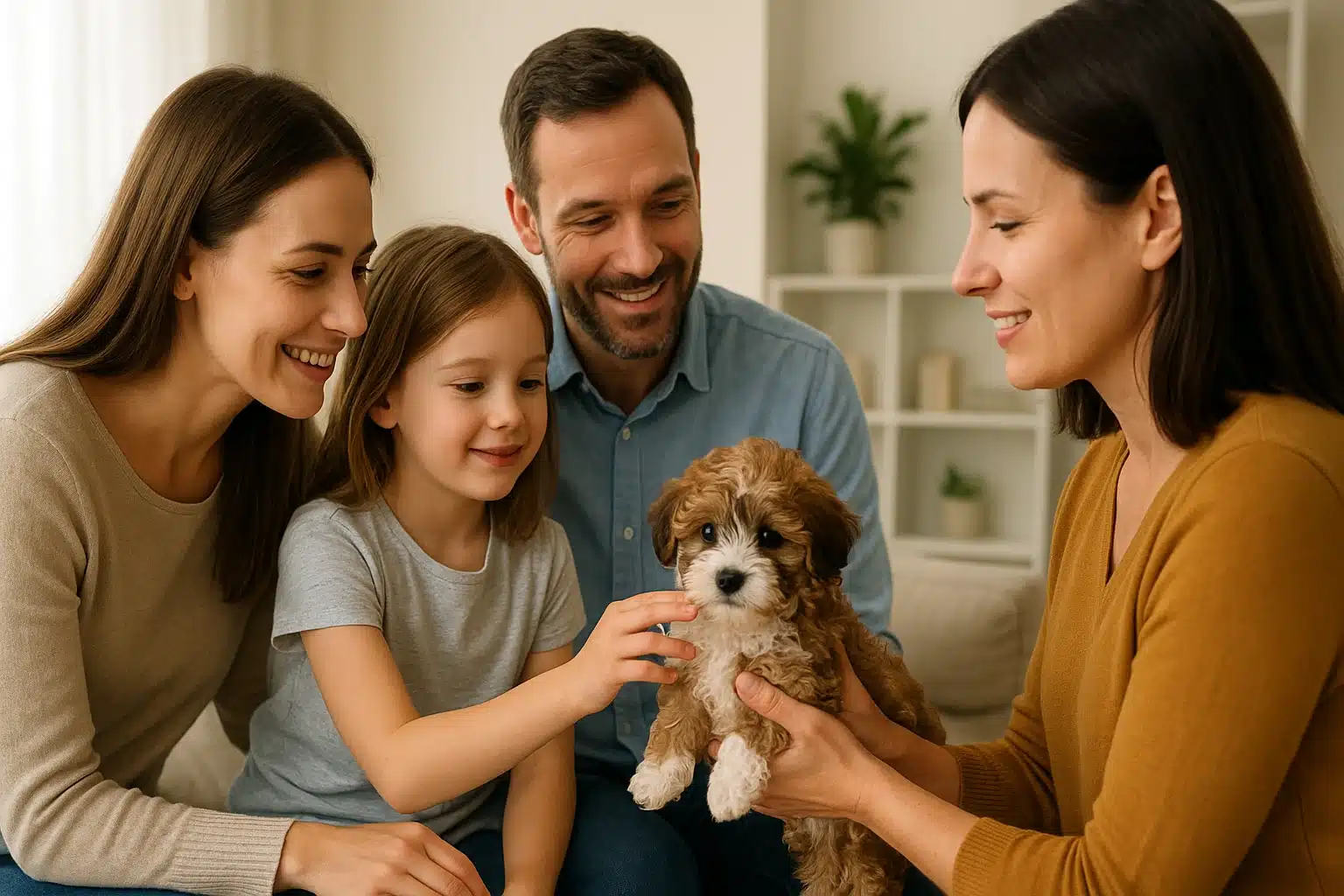 Bright living room family examines Havapoo puppy coat with breeder