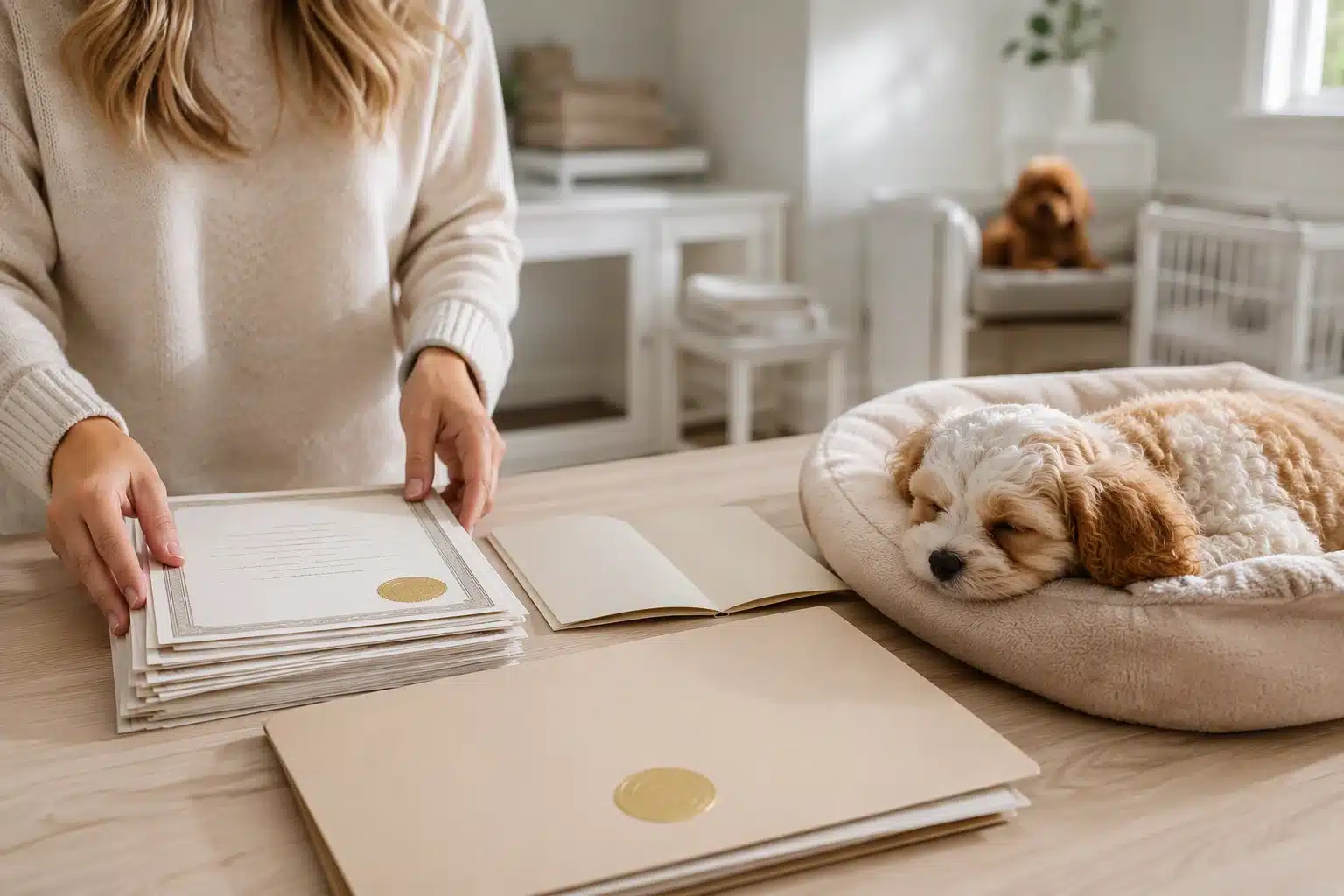 Breeder reviewing health records beside sleeping Cavapoo puppy