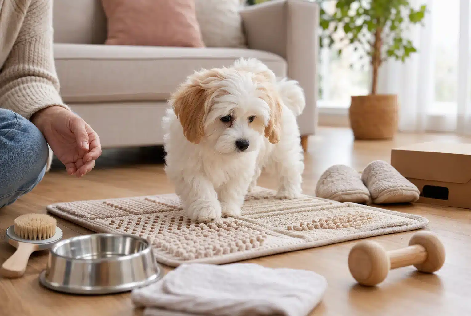 Puppy exploring household textures with gentle guidance