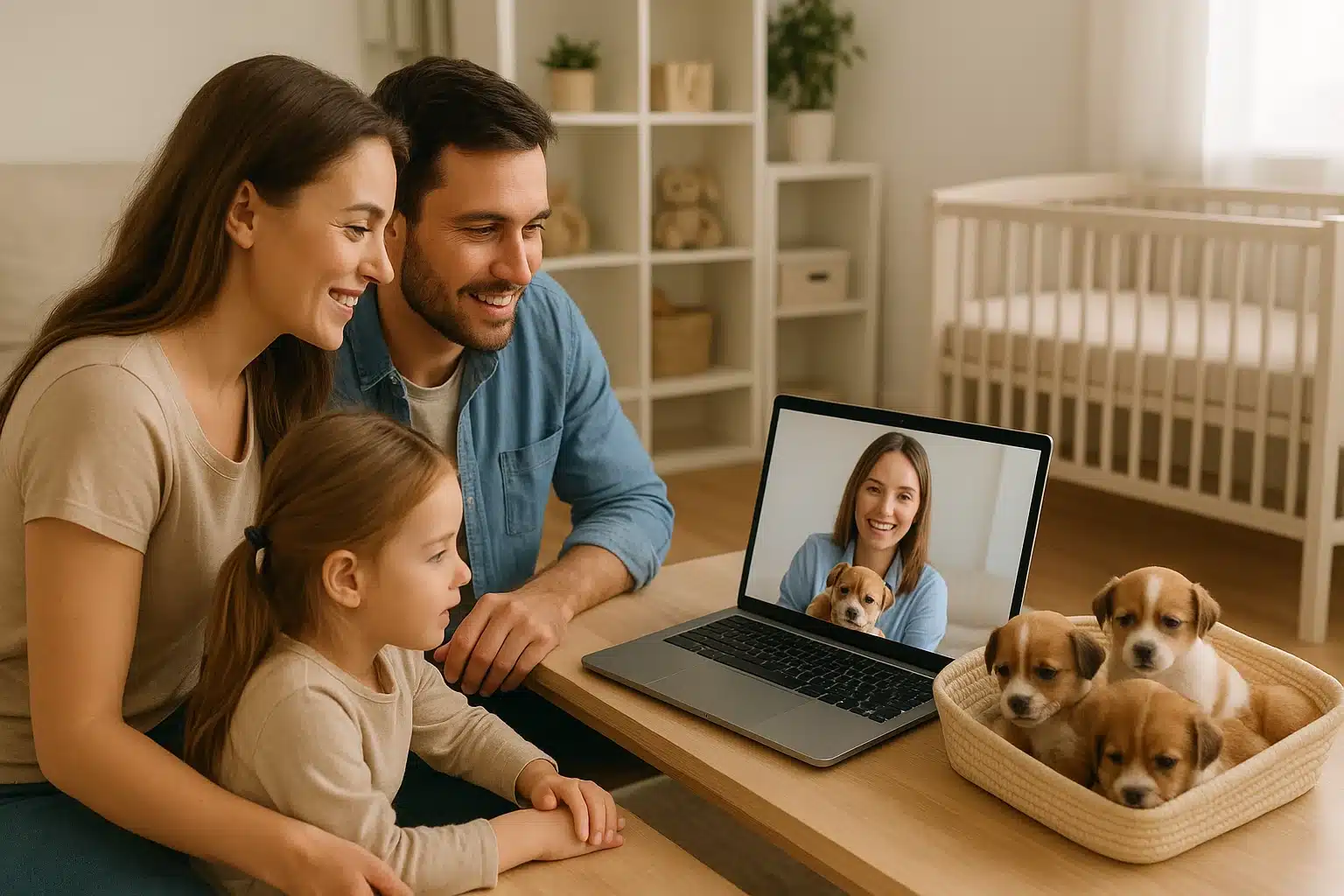 Video call with breeder showing puppies in home nursery