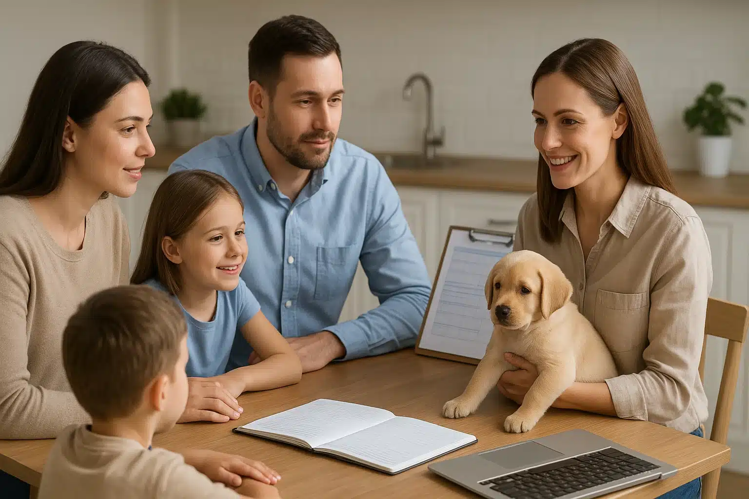 Breeder shares puppy care details with family at kitchen table