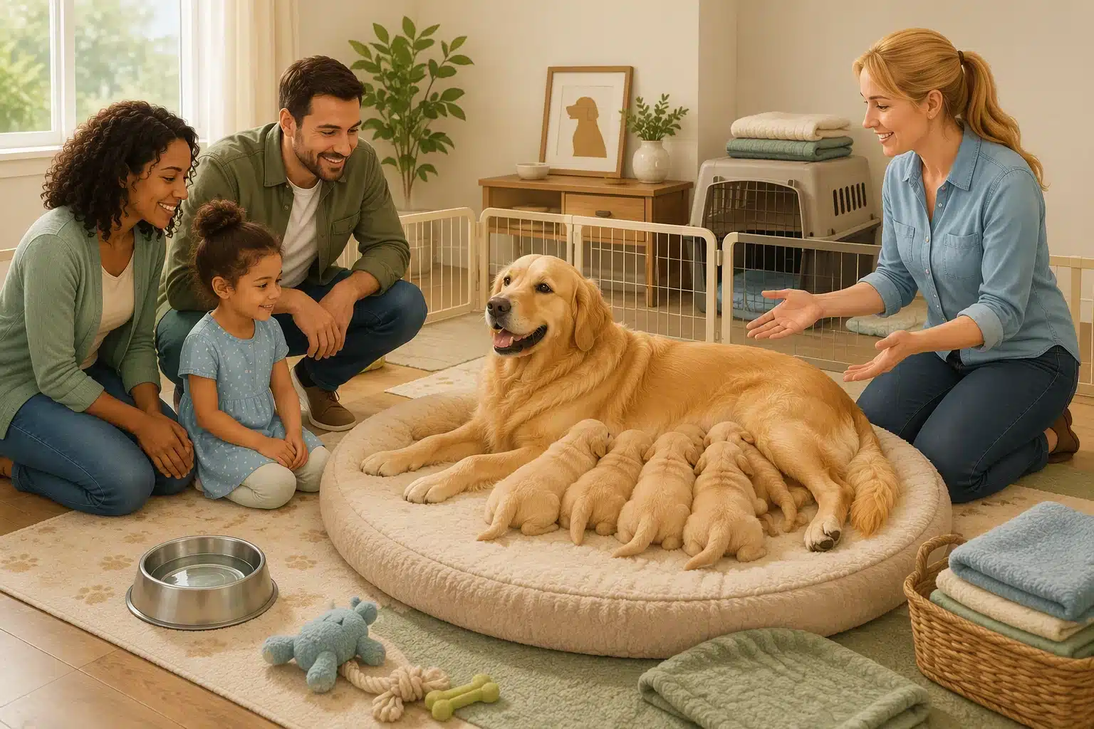 Warm home setting with mother dog nursing puppies while family observes