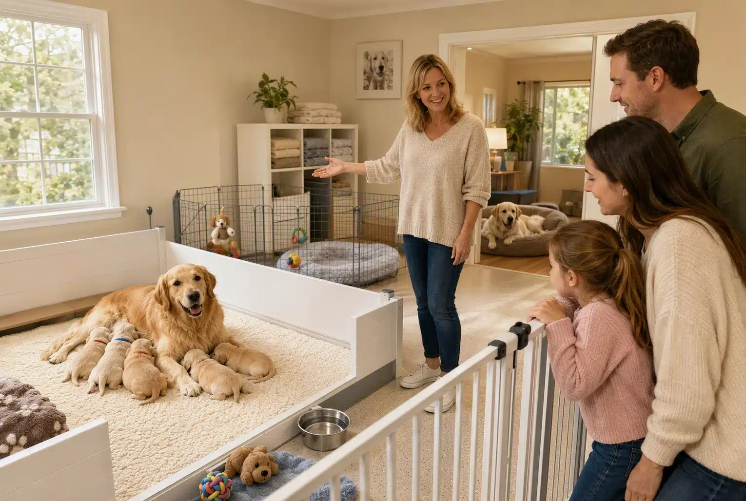 Translucent nursery walls hide puppies and mother dog