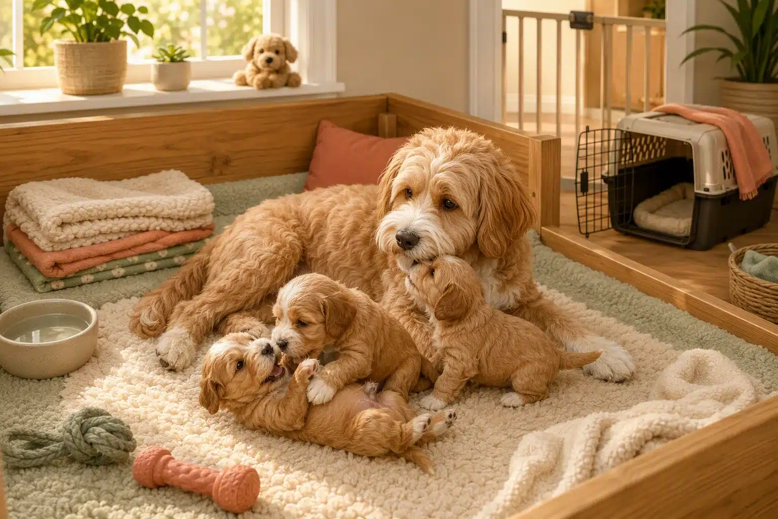 Puppies thriving with mother in warm home setting