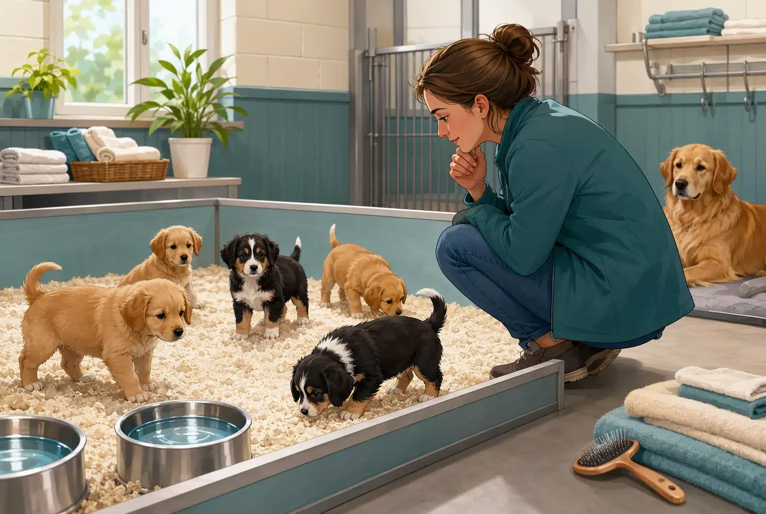 Healthy puppies explore clean bedding near fresh water