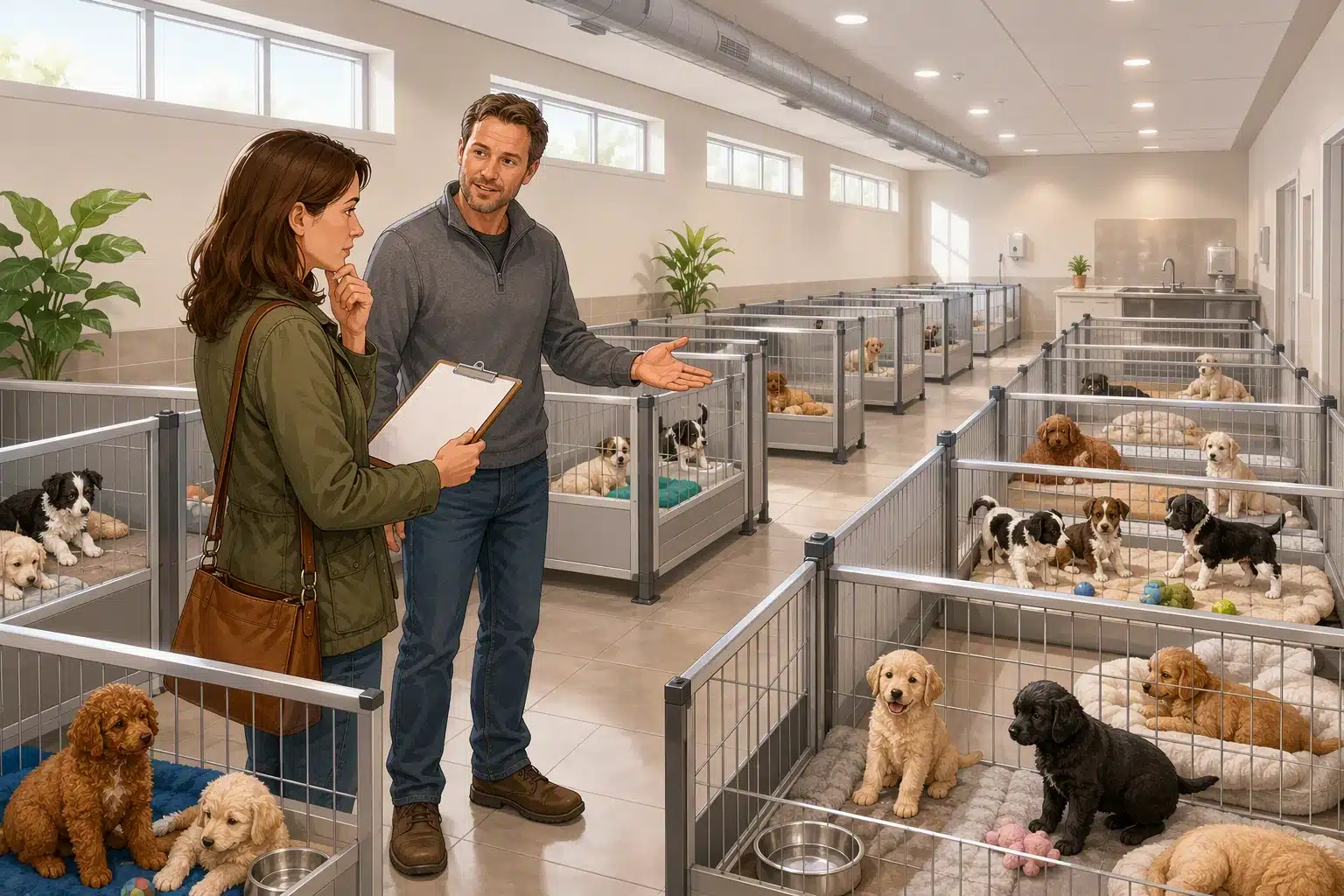Puppy buyer inspecting multiple litters in oversized kennel
