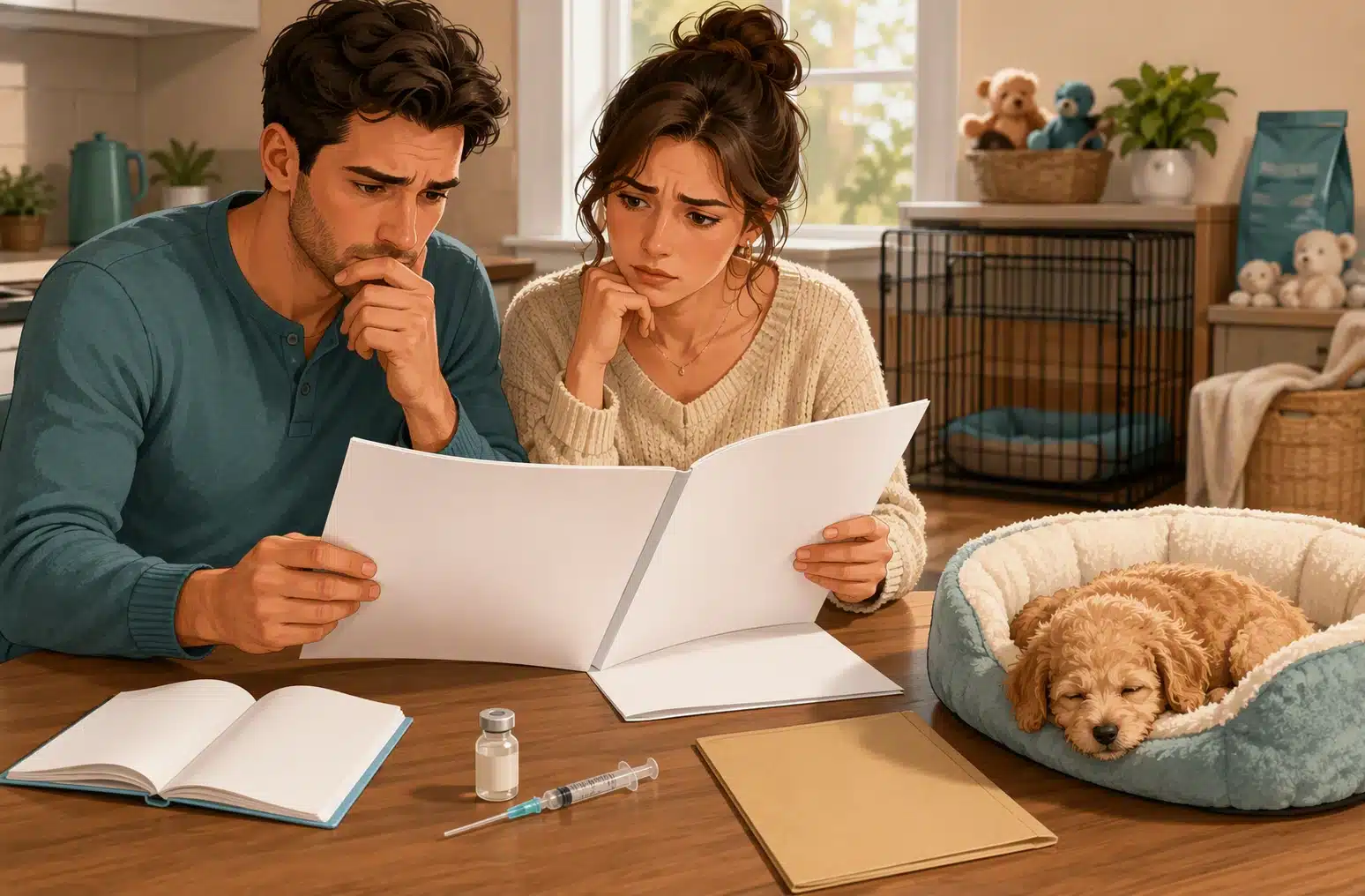 Couple reviewing paperwork beside sleeping puppy