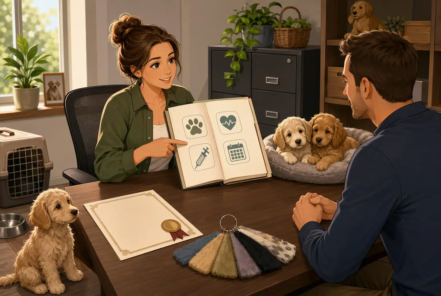 Breeder points to empty paperwork beside calm puppies