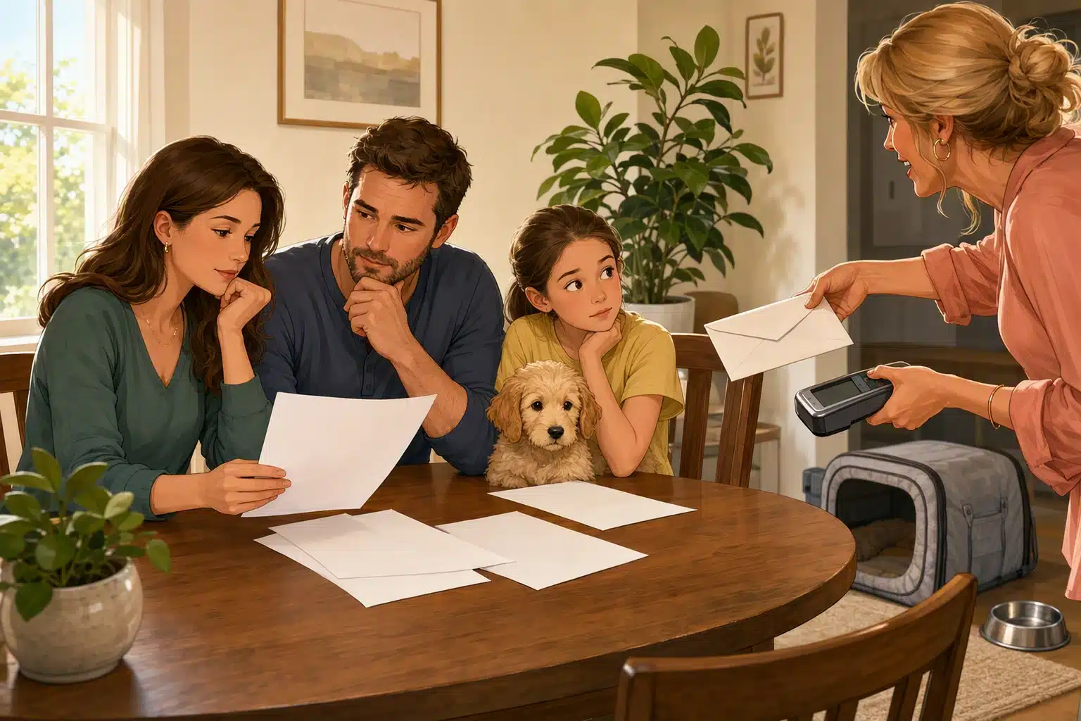 Family reviewing puppy paperwork at a bright table