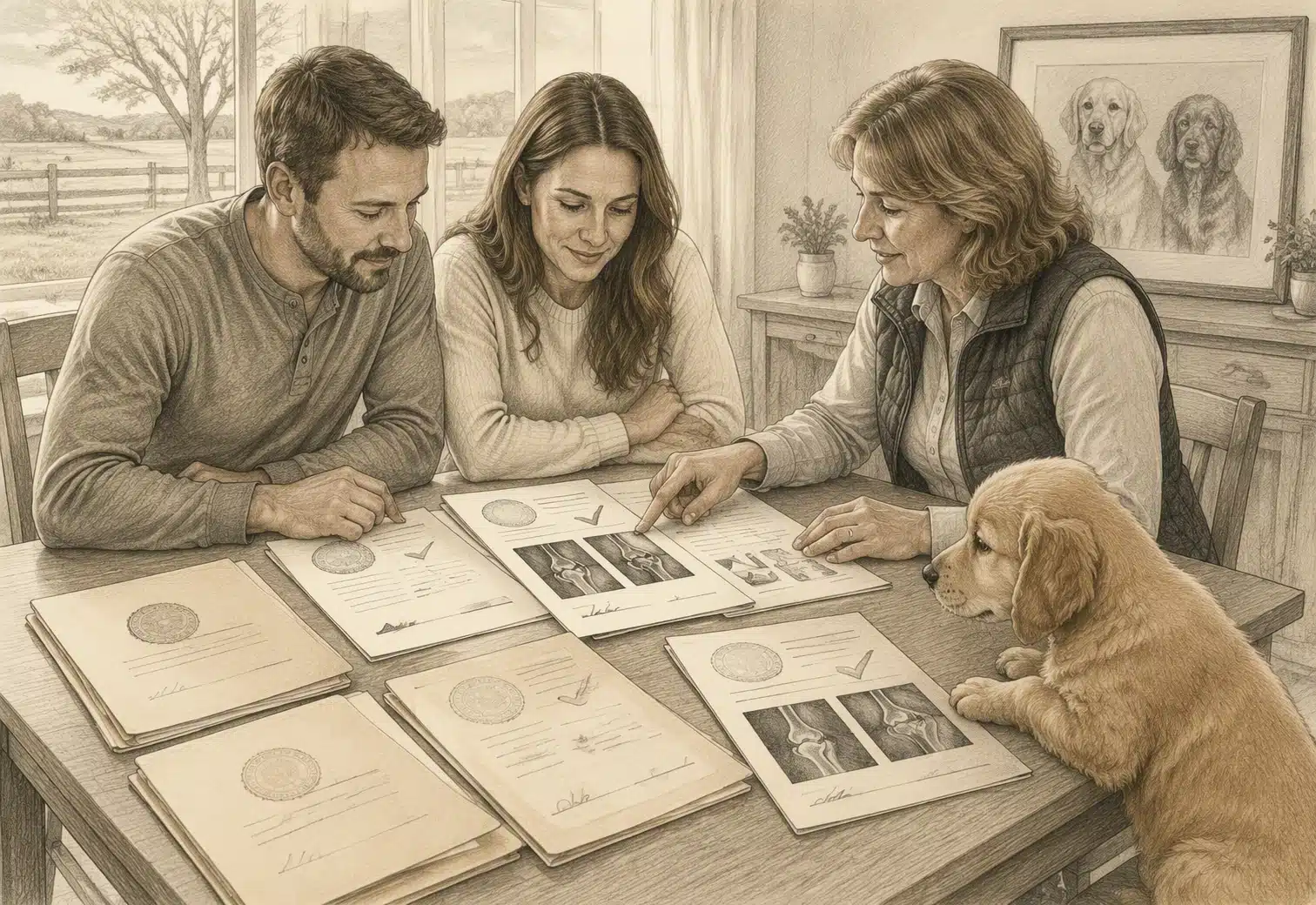 A couple reviews adoption papers with a breeder, a golden retriever puppy looking on, showcasing a positive breeder experience for Missouri puppies.