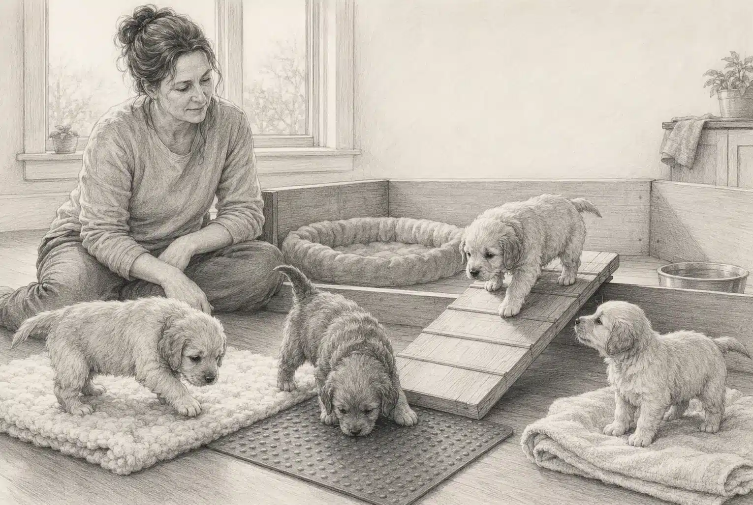 Puppies explore safe surfaces under breeder supervision