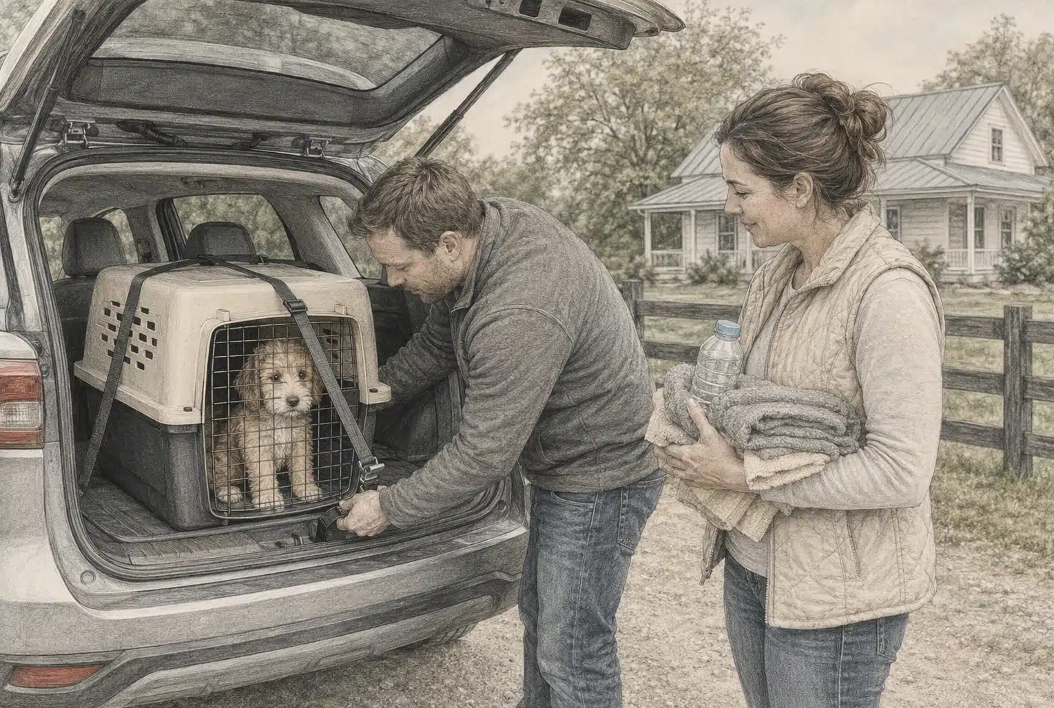 Family secures puppy crate in SUV for pickup journey