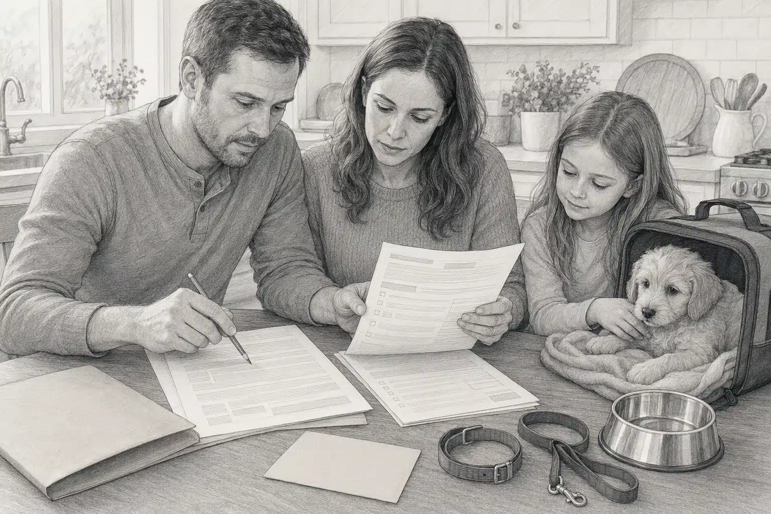 Family reviewing puppy contract paperwork at kitchen table