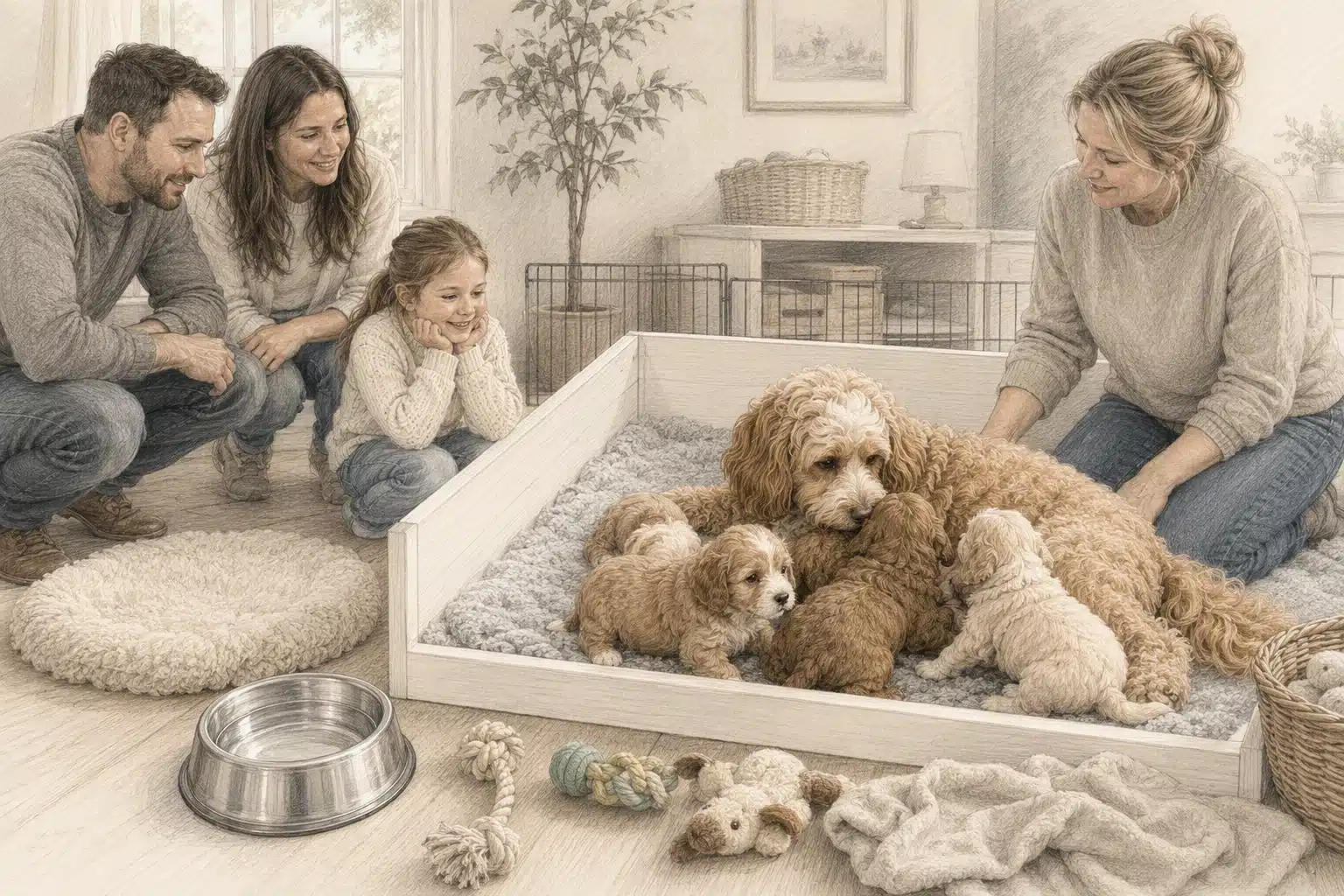Cavapoo mother nurturing puppies in a bright home nursery
