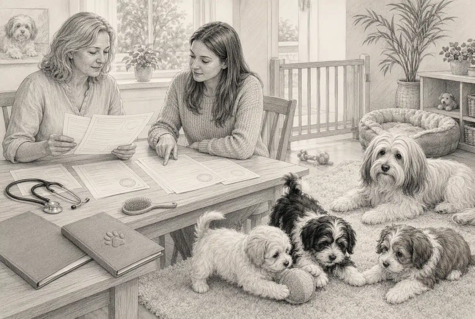 Two women review adoption papers at a wooden table with a stethoscope and several adorable, fluffy puppies playing with a ball, suggesting responsible Indiana puppy adoption.