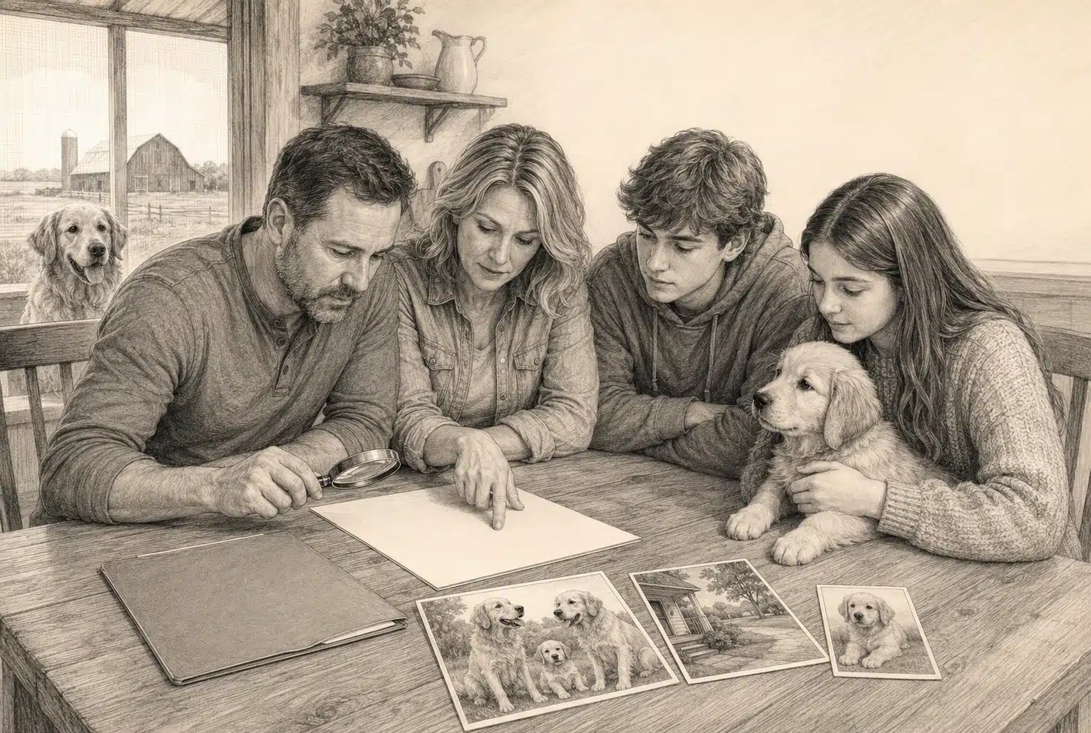 Family reviewing puppy paperwork at kitchen table