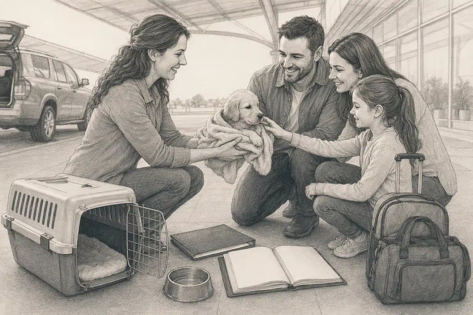 Family welcomes puppy at airport handoff