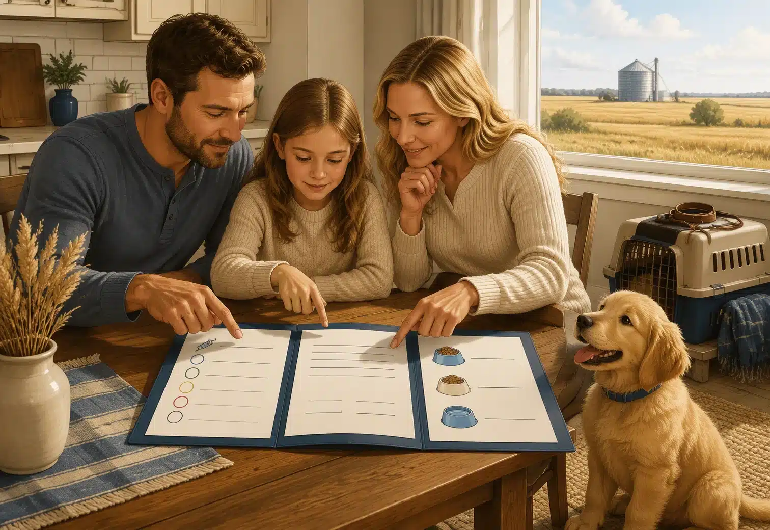 Family reviewing puppy paperwork at home