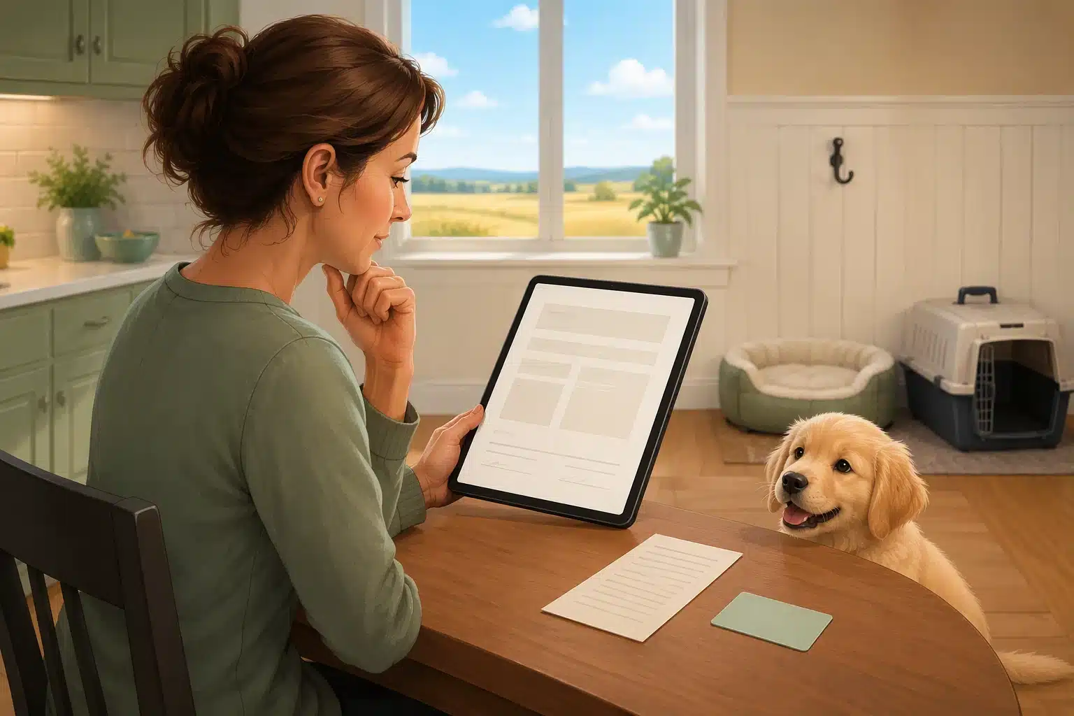 Parent reviewing puppy contract with tablet and payment card