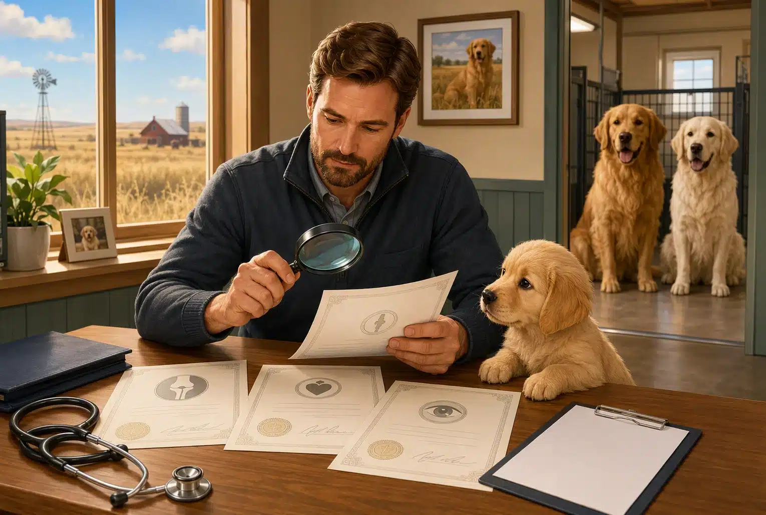 Breeder reviews parent health records beside puppy