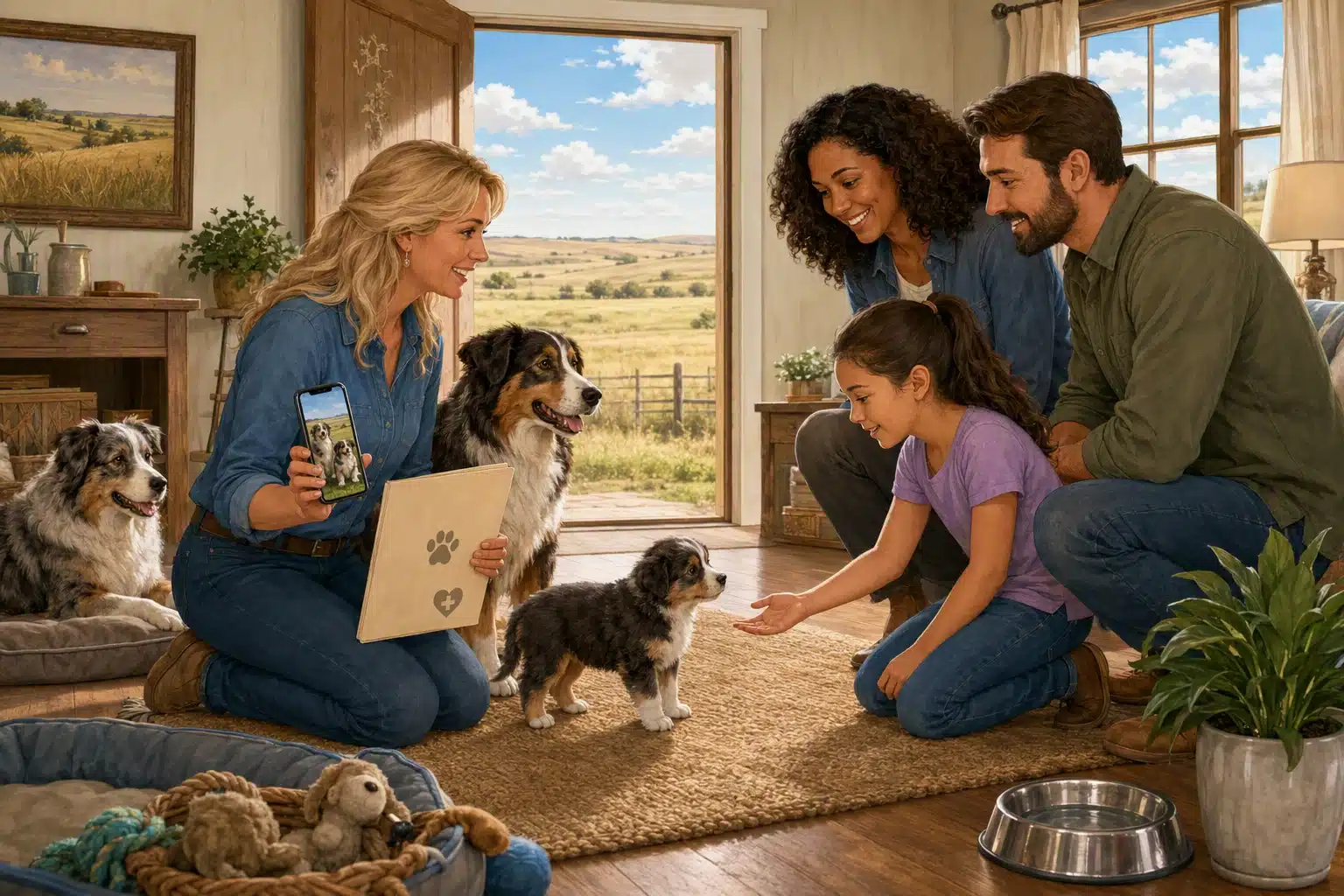 Family meets breeder with puppy and mother dog at home