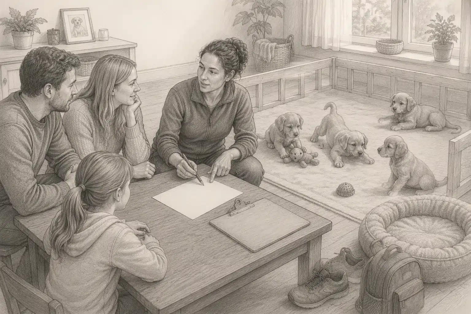 Breeder assessing puppy behavior with family lifestyle notes