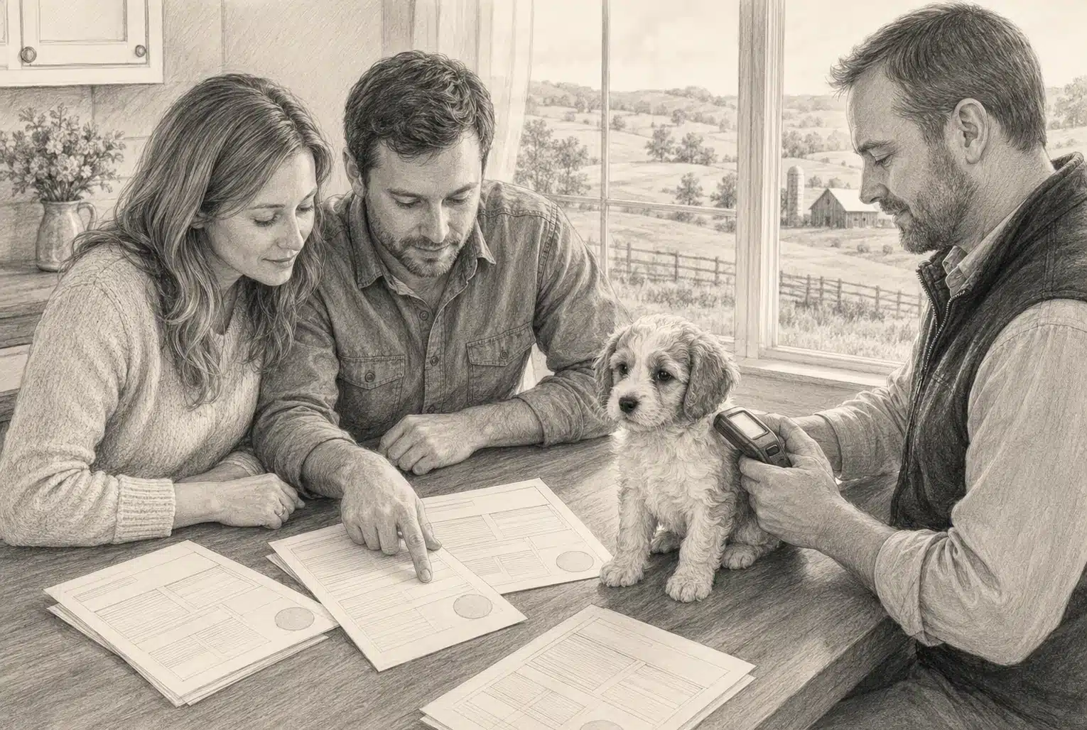 Kentucky family examines parent dog health records with puppy