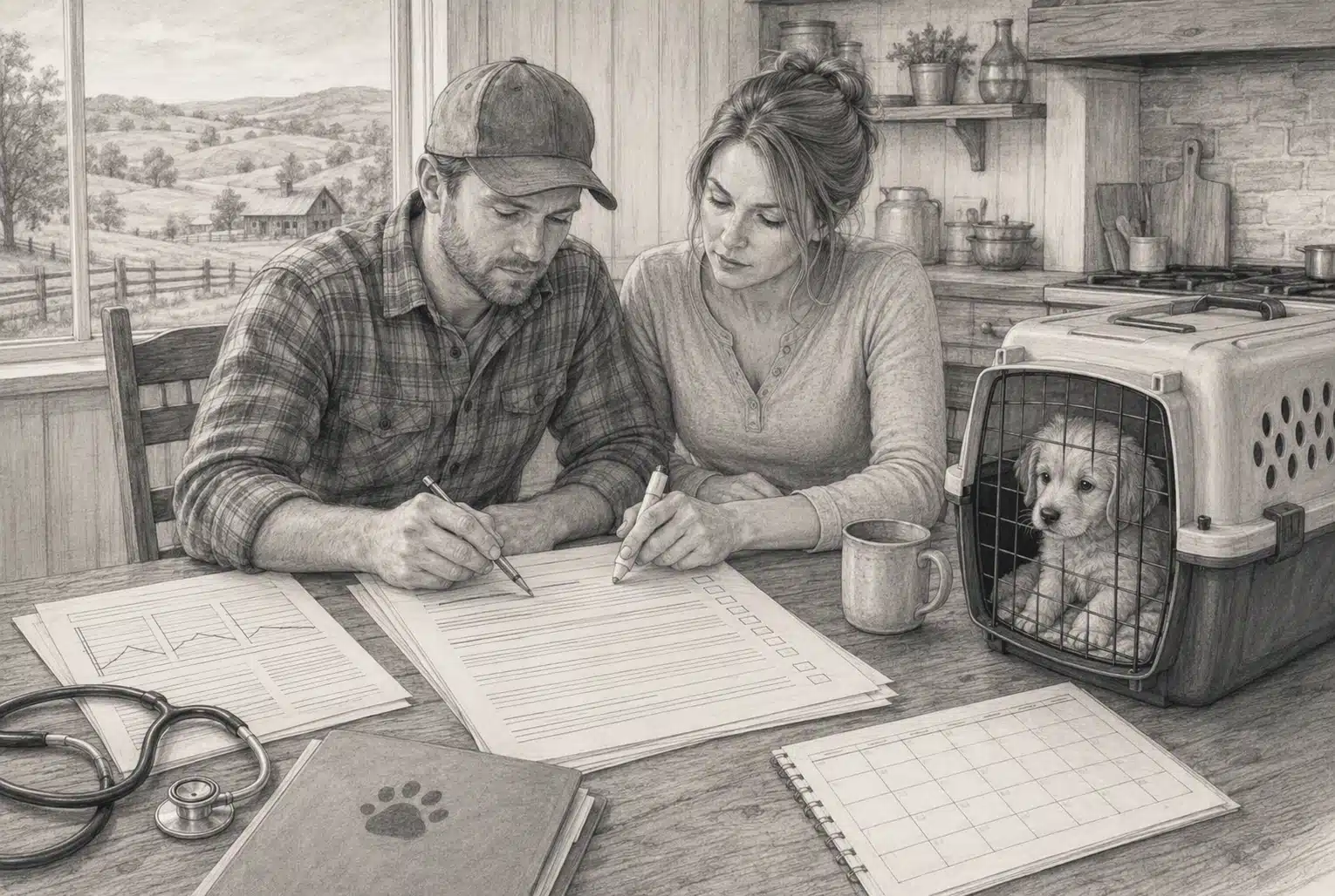 Couple reviewing puppy health contract details at kitchen table