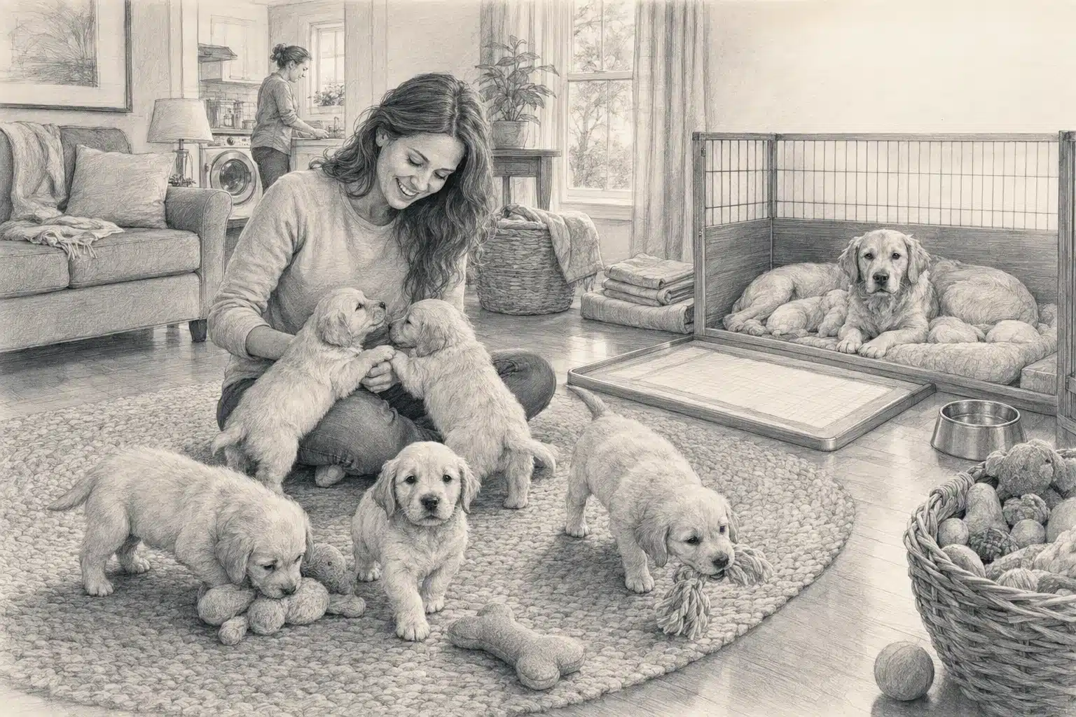 Puppies exploring a warm family living room with caregiver
