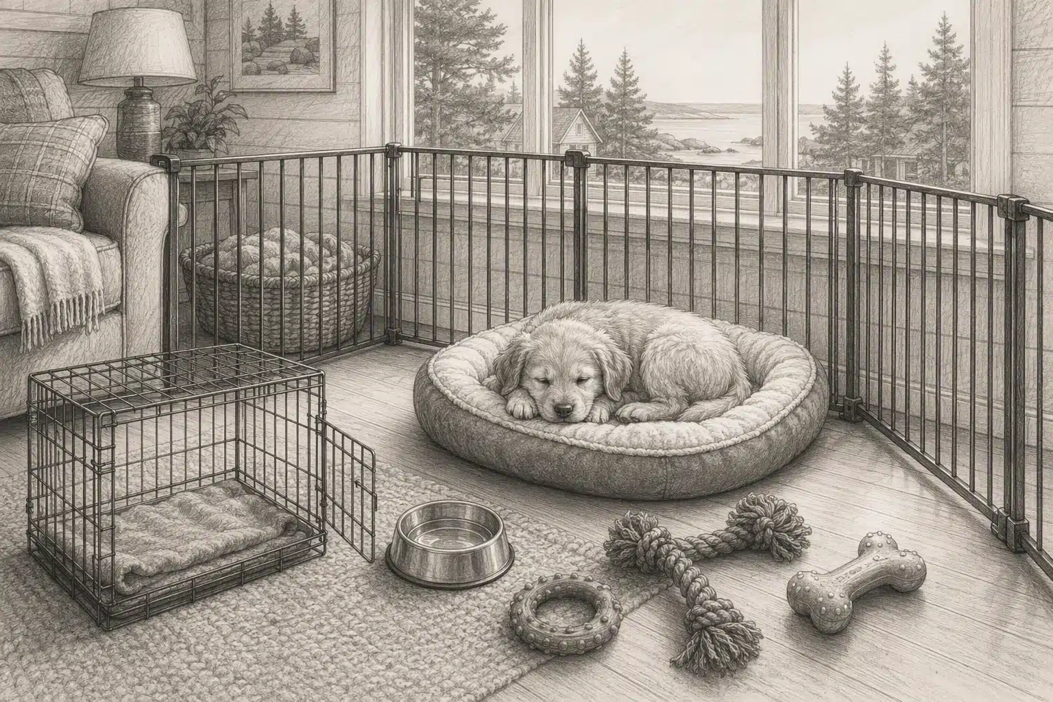 A fluffy golden retriever puppy sleeps soundly in a plush dog bed within a playpen. A metal crate, food bowl, and rope toys are nearby, suggesting puppy-proofing in a cozy room with a window view of trees and the ocean, relevant to a Maine puppy-proofing checklist.